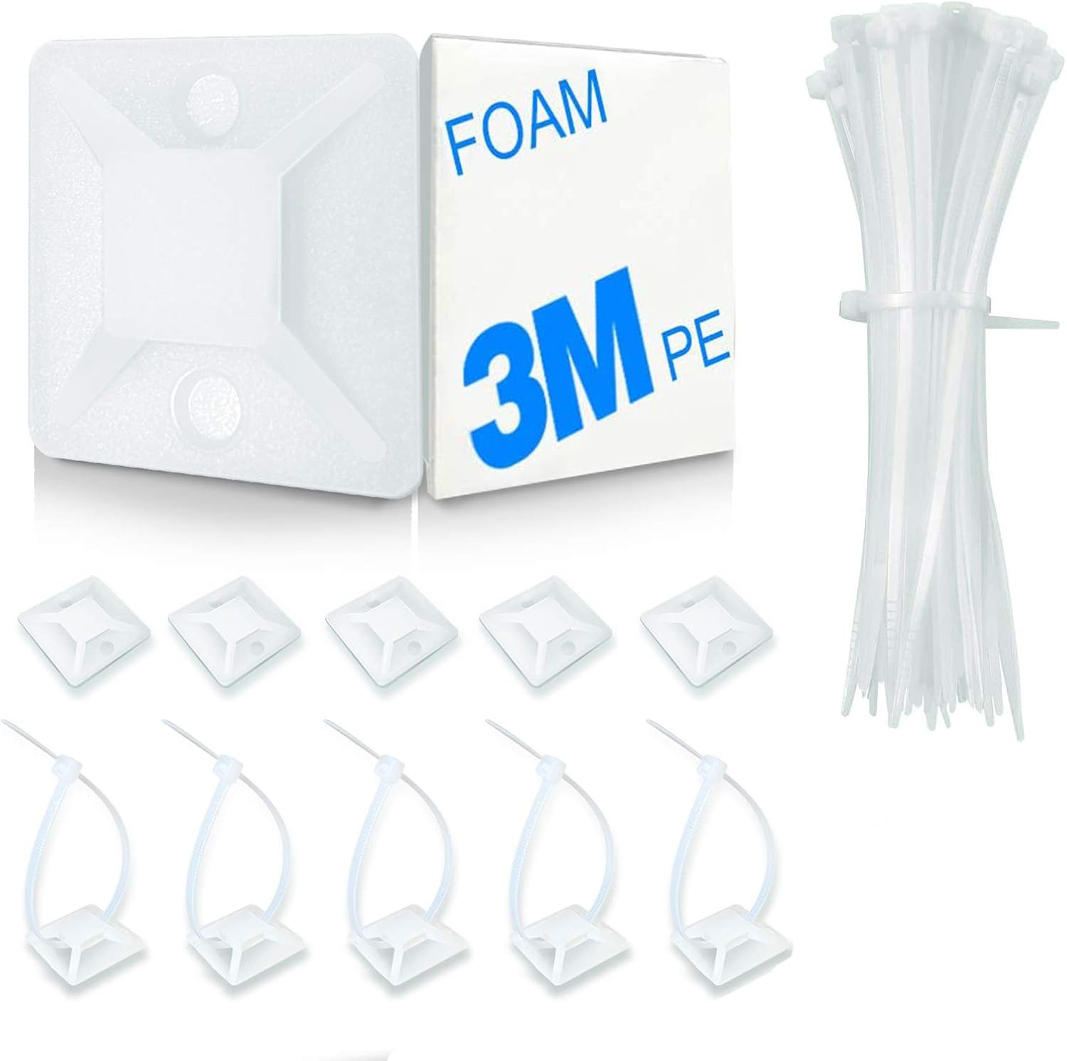4/5" 100 Pack Zip Tie Mount with Cable Ties,Self Adhesive-Backed Mounts for Wire