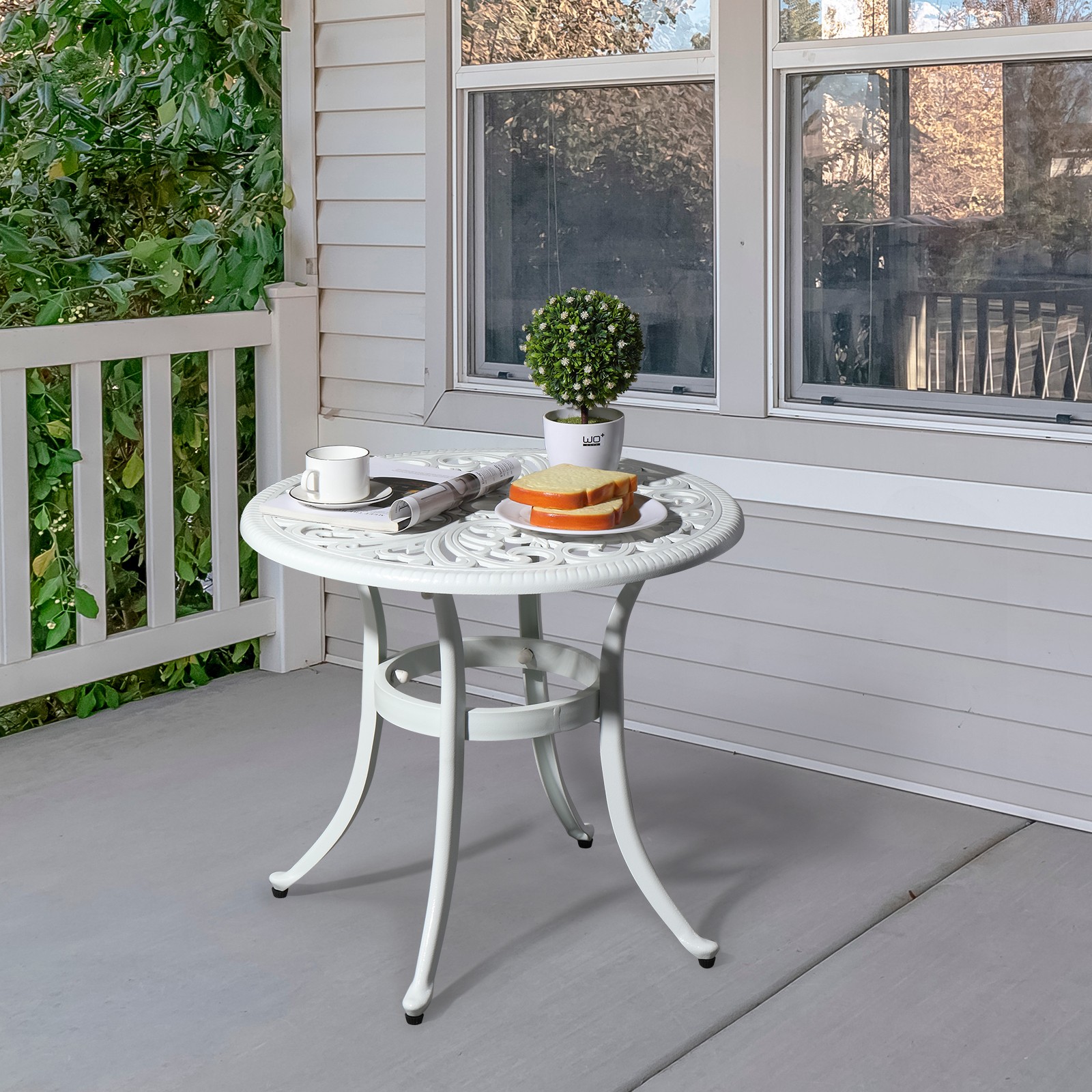 Phoenix Cast Aluminum Round Table, Patio End Table Side Table,Bar Table, White