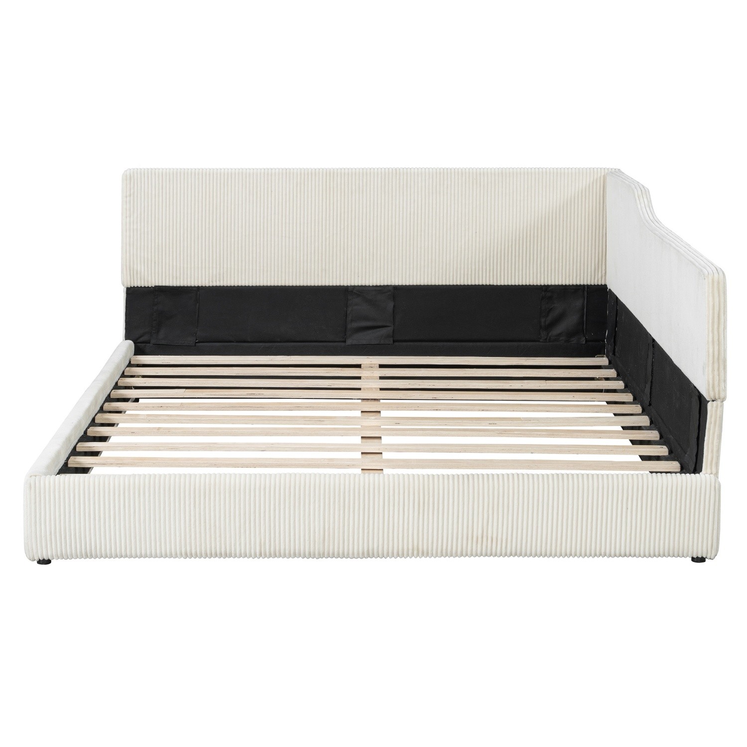 Full Size Corduroy Upholstered Daybed Modern L-Shaped Wood Bed Frame Beige/Gray
