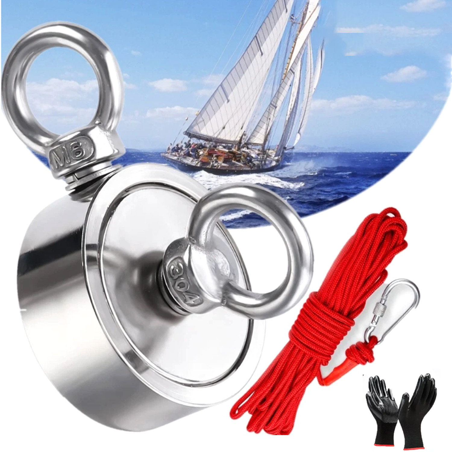 1800 LBS Strong Fishing Magnet Kit Double-Sided Pull Force and Rope Carabiner