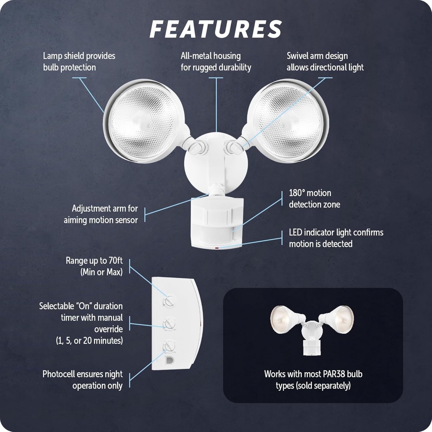 Motion Activated Outdoor Security Light w/ 180° Motion Detection - White