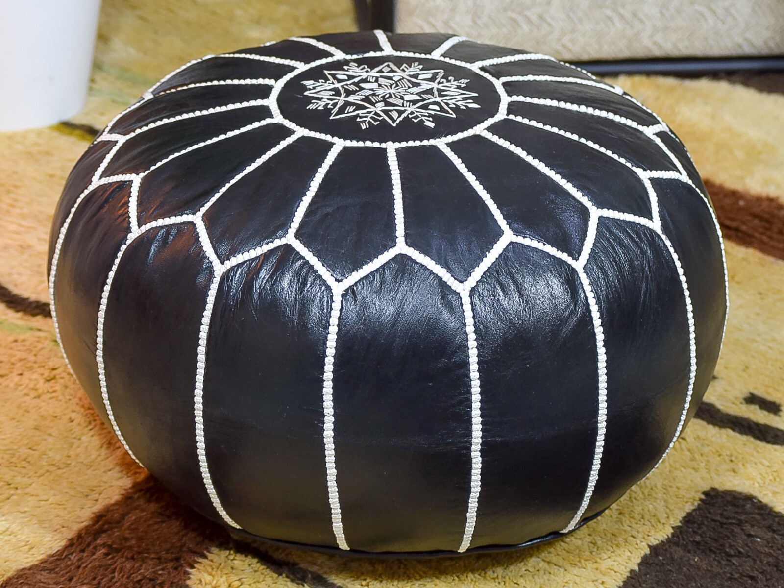 Moroccan Handcrafted Leather Pouf, handmade leather pouf, White and black pouf,