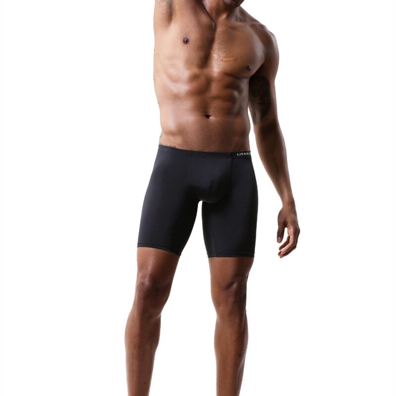 Ice Silk Long Men Boxer Low Waist Solid Underwear Boxer Shorts Long Leg Trunks