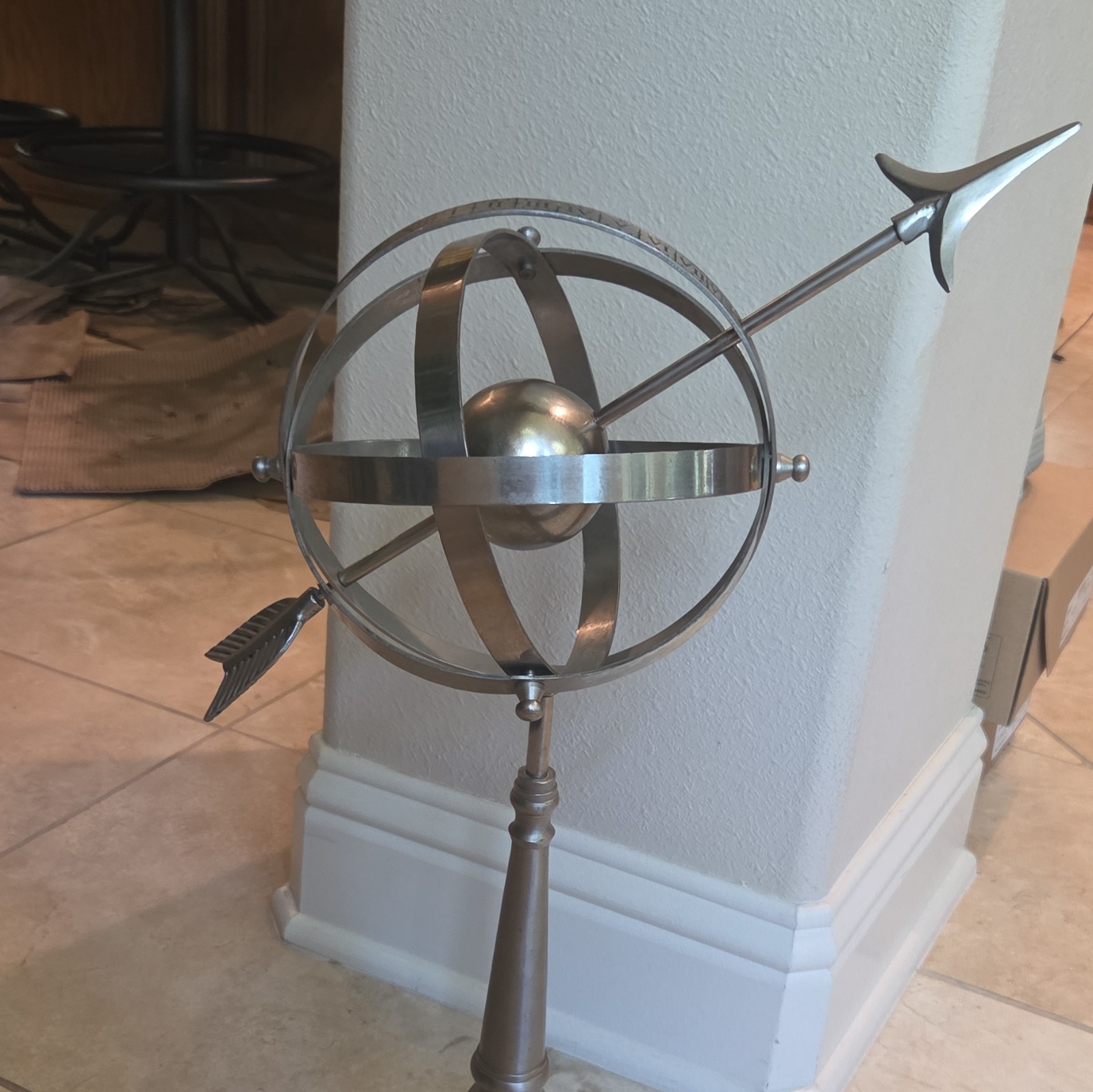 Silver Metal Armillary Sphere Decorative Globe Sculpture, Freestanding Finish