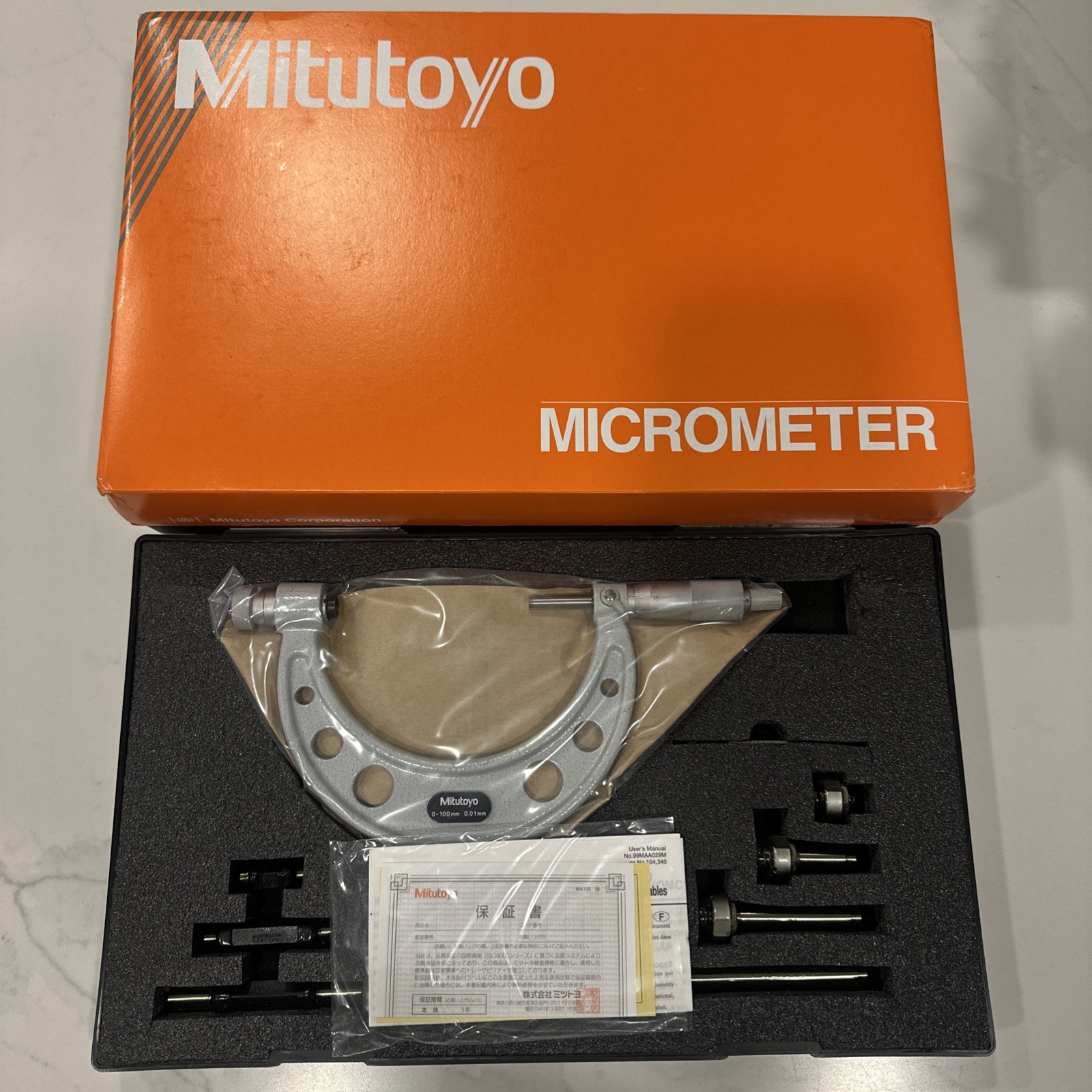 Mitutoyo 104 139A  0-100mm Outside Micrometer with Interchangeable Anvils New
