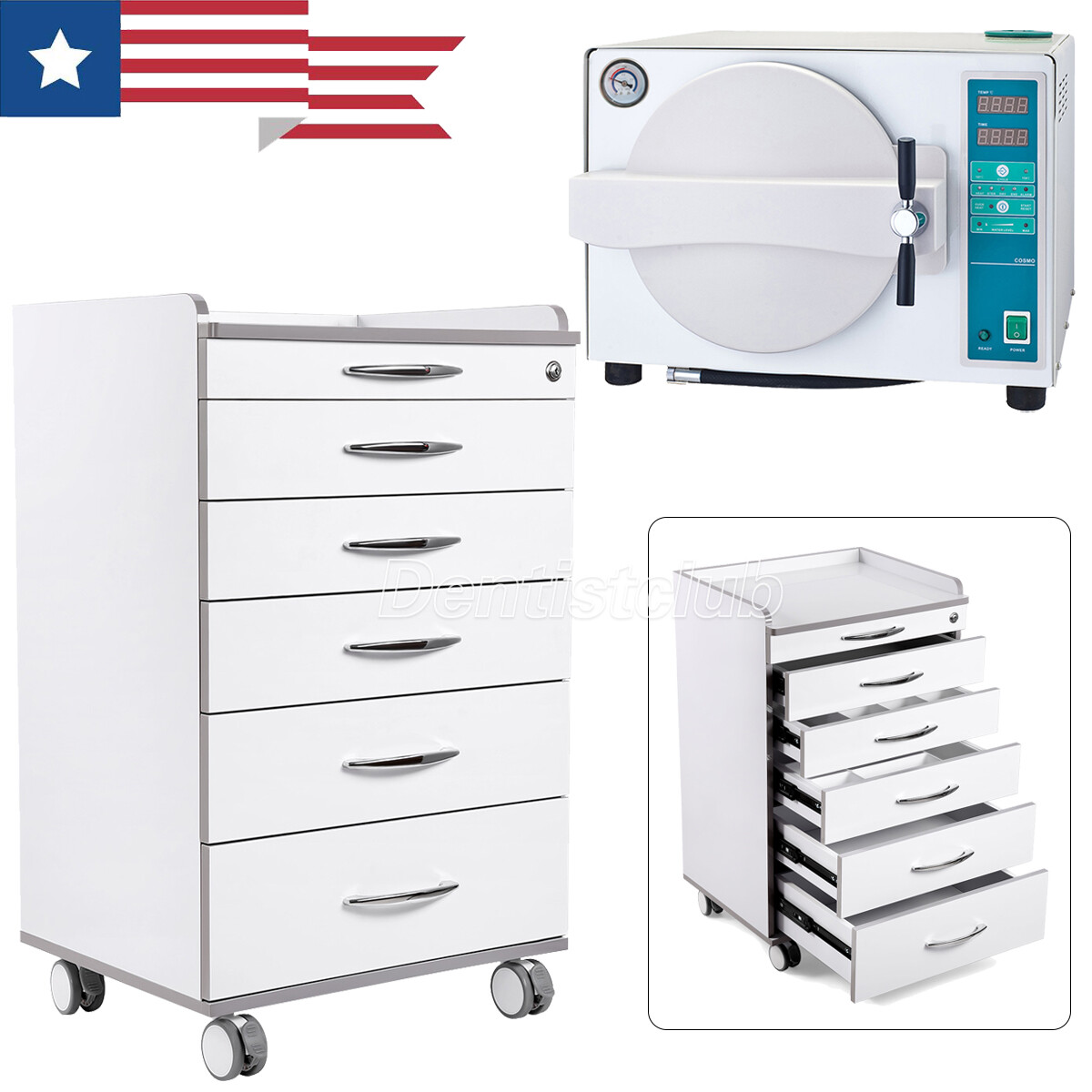 18L Dental Autoclave Steam Sterilizer Drying Function /Storage Cabinet 5 Drawers