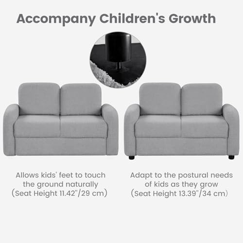 Kids Sofa, 2 Seat Soft Thick Upholstered Couch with Plush Fabric Solid Grey