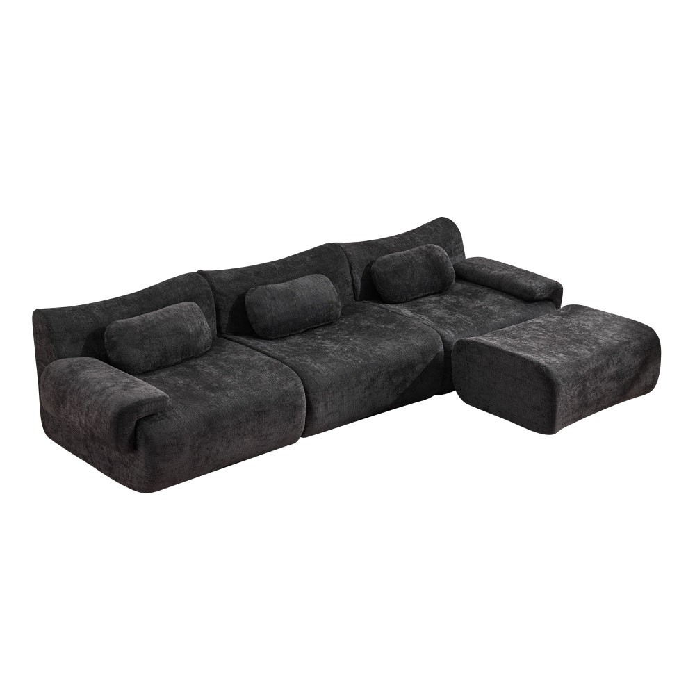 Modular Chenille Sofa 3-Seat Cushion Back Modern Upholstered Sectional, Black