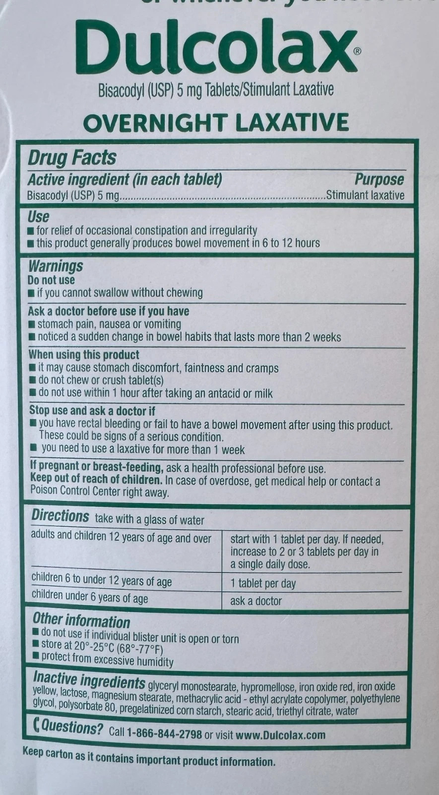 Dulcolax Laxative Tablets 5mg Bisacodyl USP Constipation Relief 200 Tablets