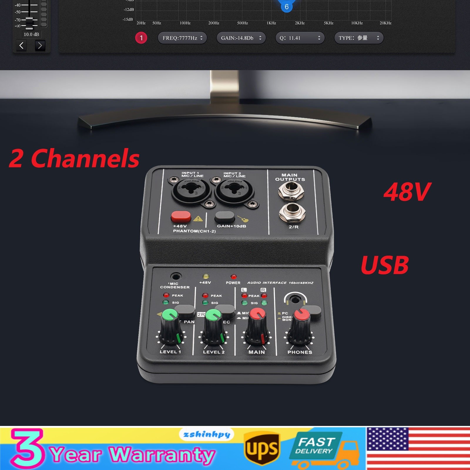2-Channel USB Audio Mixer with Phantom Power and Real-Time Monitoring