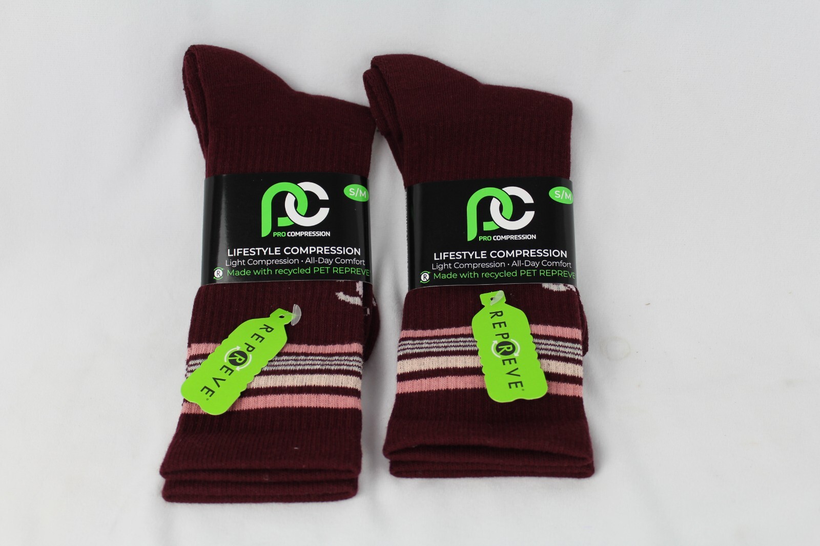 2 Pair Pro Compression LifeStyle Crew Maroon Cluster Stripe Socks  S/M 9-11 New