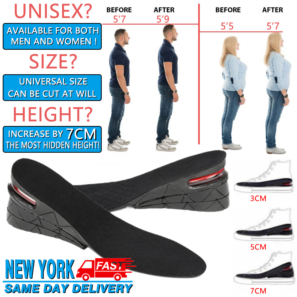 Shoe Insole Invisible Height Increase Heel Lift Taller Insert Pad Cushion 3Layer
