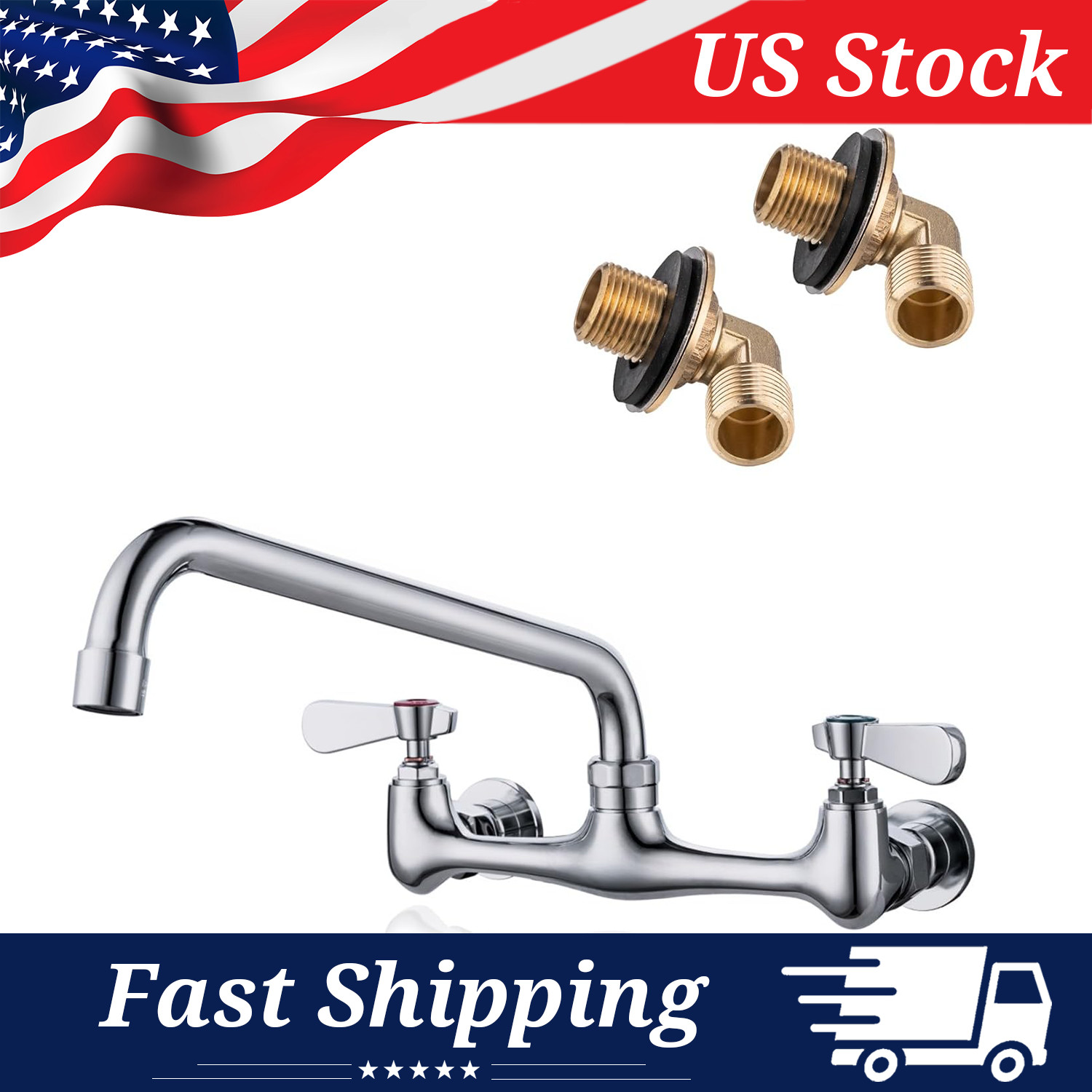 Commercial Wall-Mounted 8" Center-Set Faucet, 10" Swivel Spout, and 90° Adapters