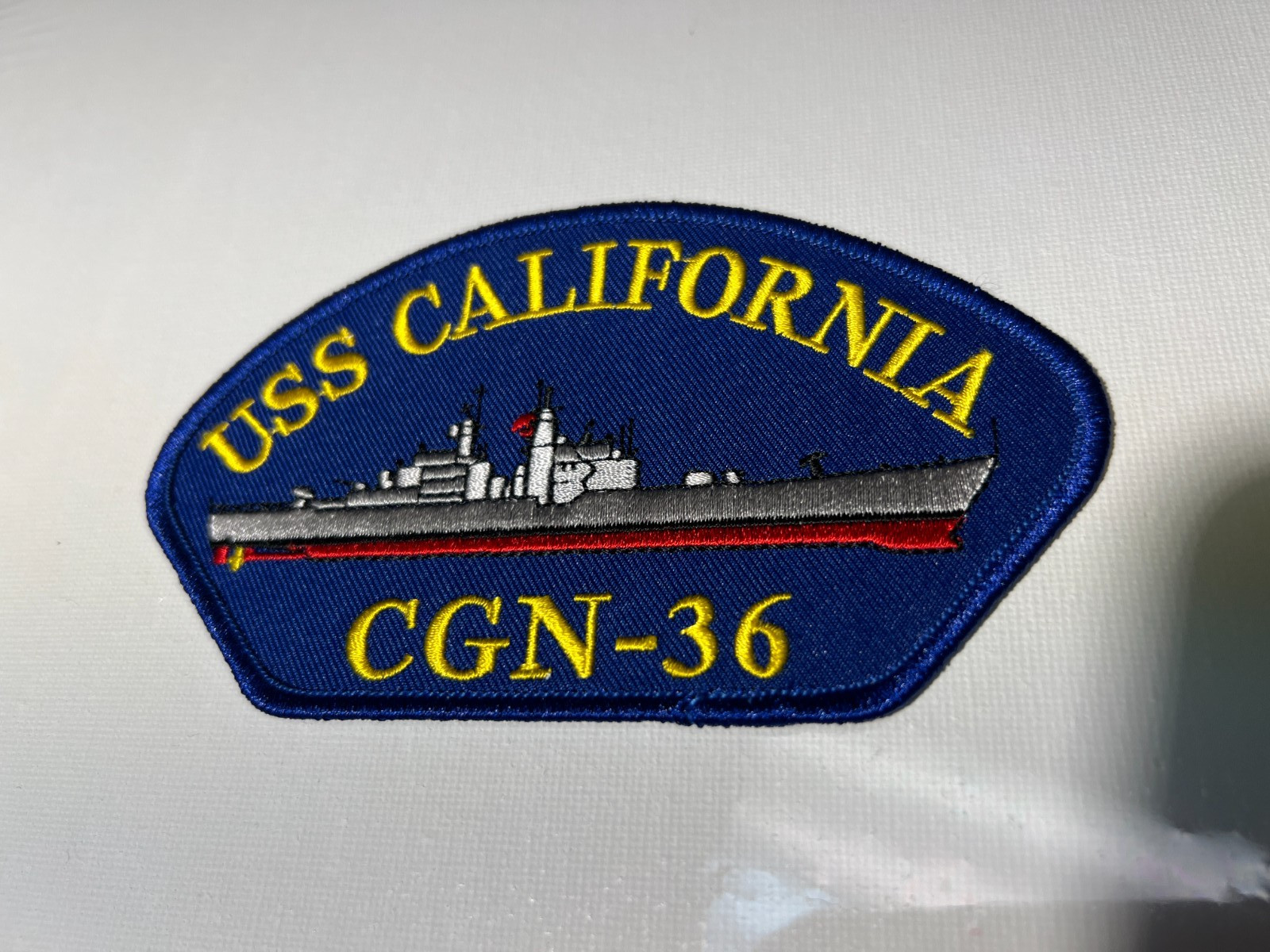 US NAVY USS CALIFORNIA (CGN-36) HAT PATCH MEASURES 5 AND 1/4 X 3 INCHES