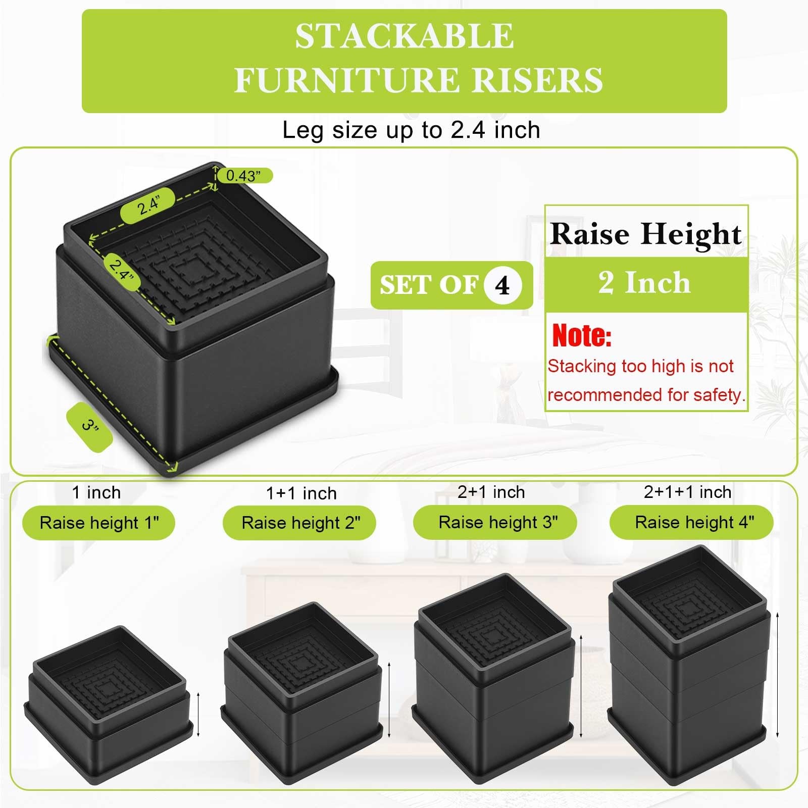 4 Pack Furniture Risers 2 Inch, Adjustable Bed Risers Heavy Duty for Table De...