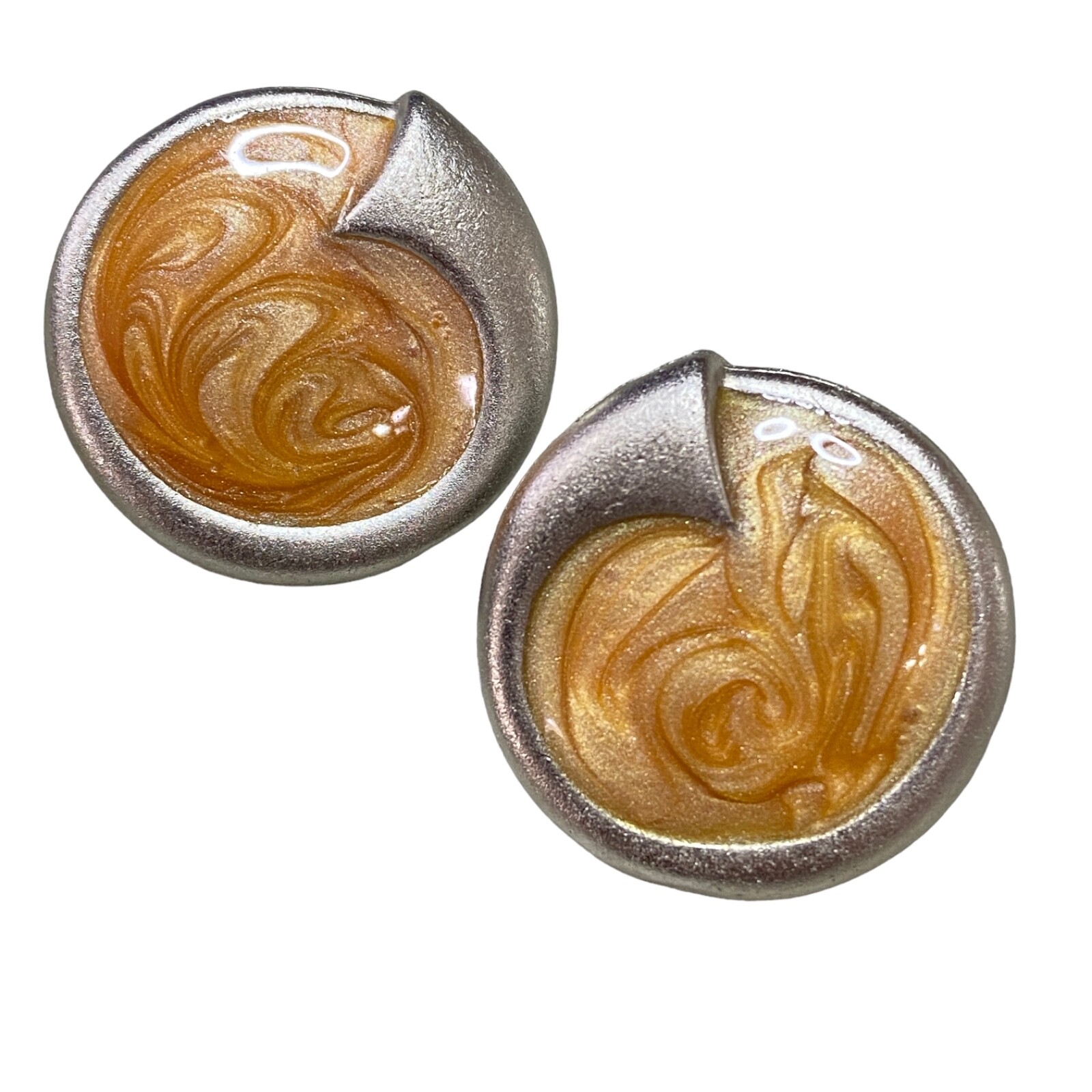 Vintage 80s Earrings Pierced Post Brushed Matte Silvertone Enamel Swirl 1-1/8"