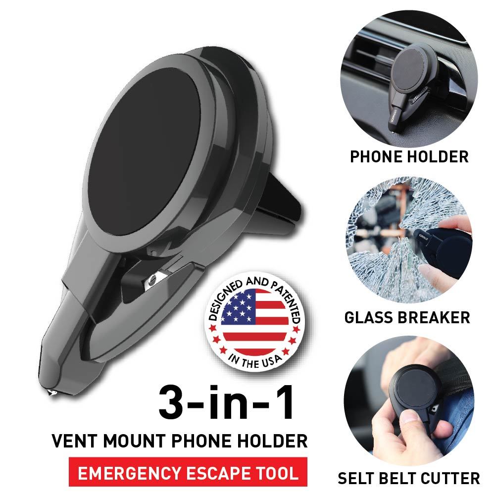 3 in 1 Car Emergency Escape Tool: Vent Mount Phone Holder, Window Breaker
