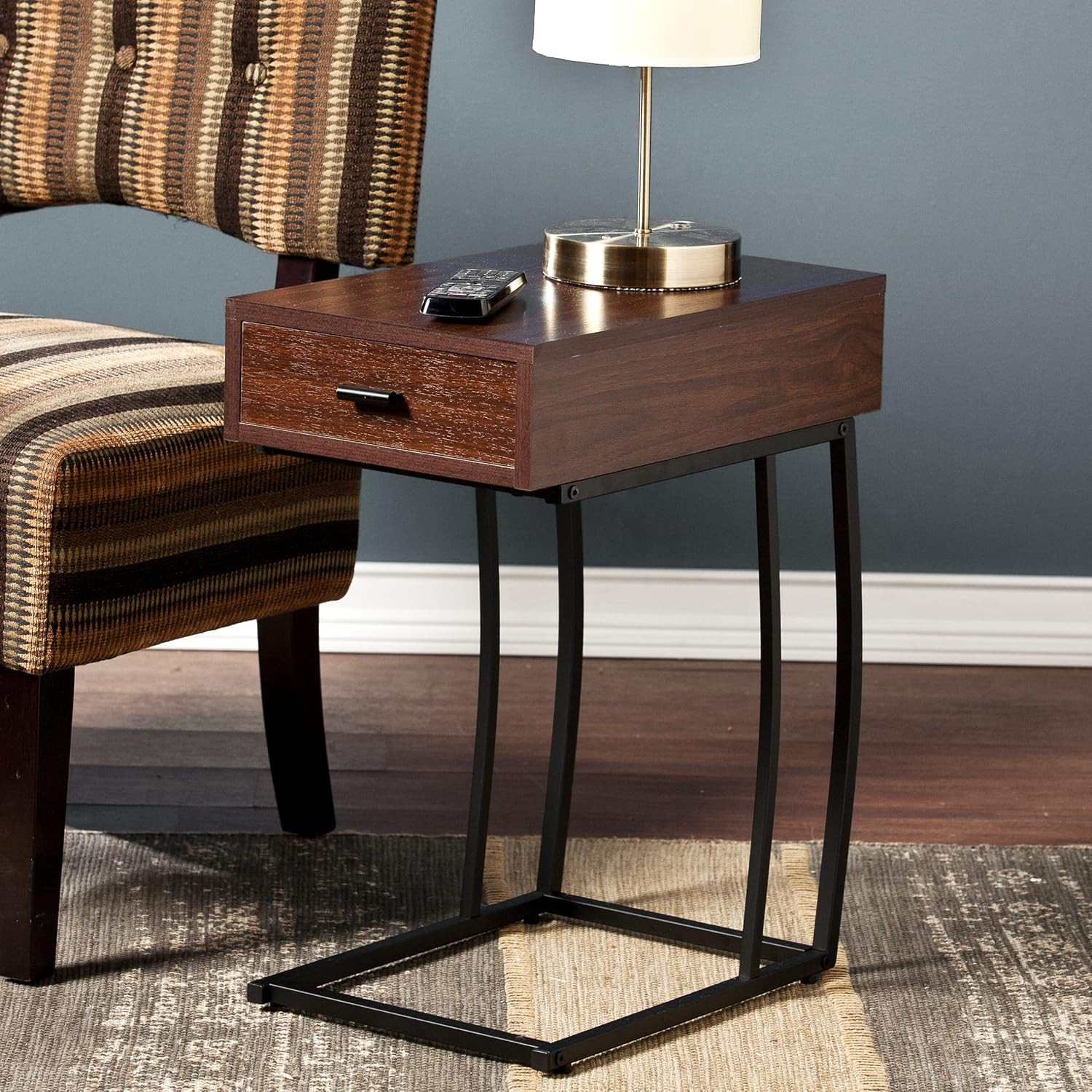 - Porten Side Table with Power & USB Outlet - Transitional Design, Brown Metal a