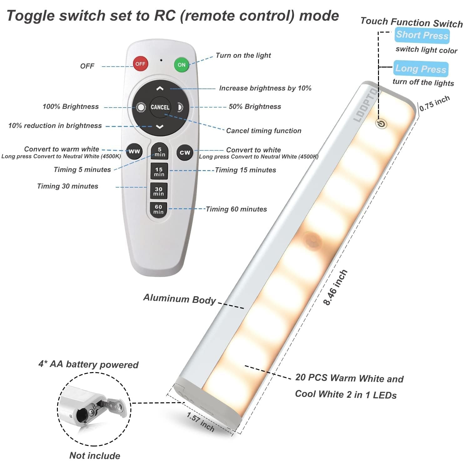 Motion Sensor Under Cabinet Lights with Remote 2 Pack, Dimmable Battery Opera...