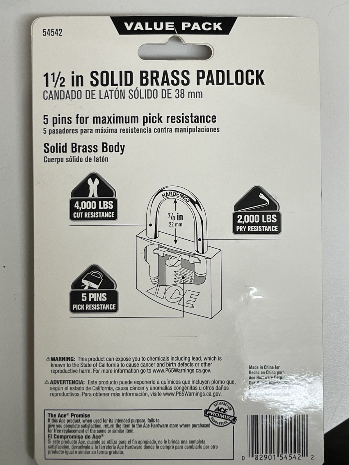 Ace 54542 Padlock Solid Brass Body