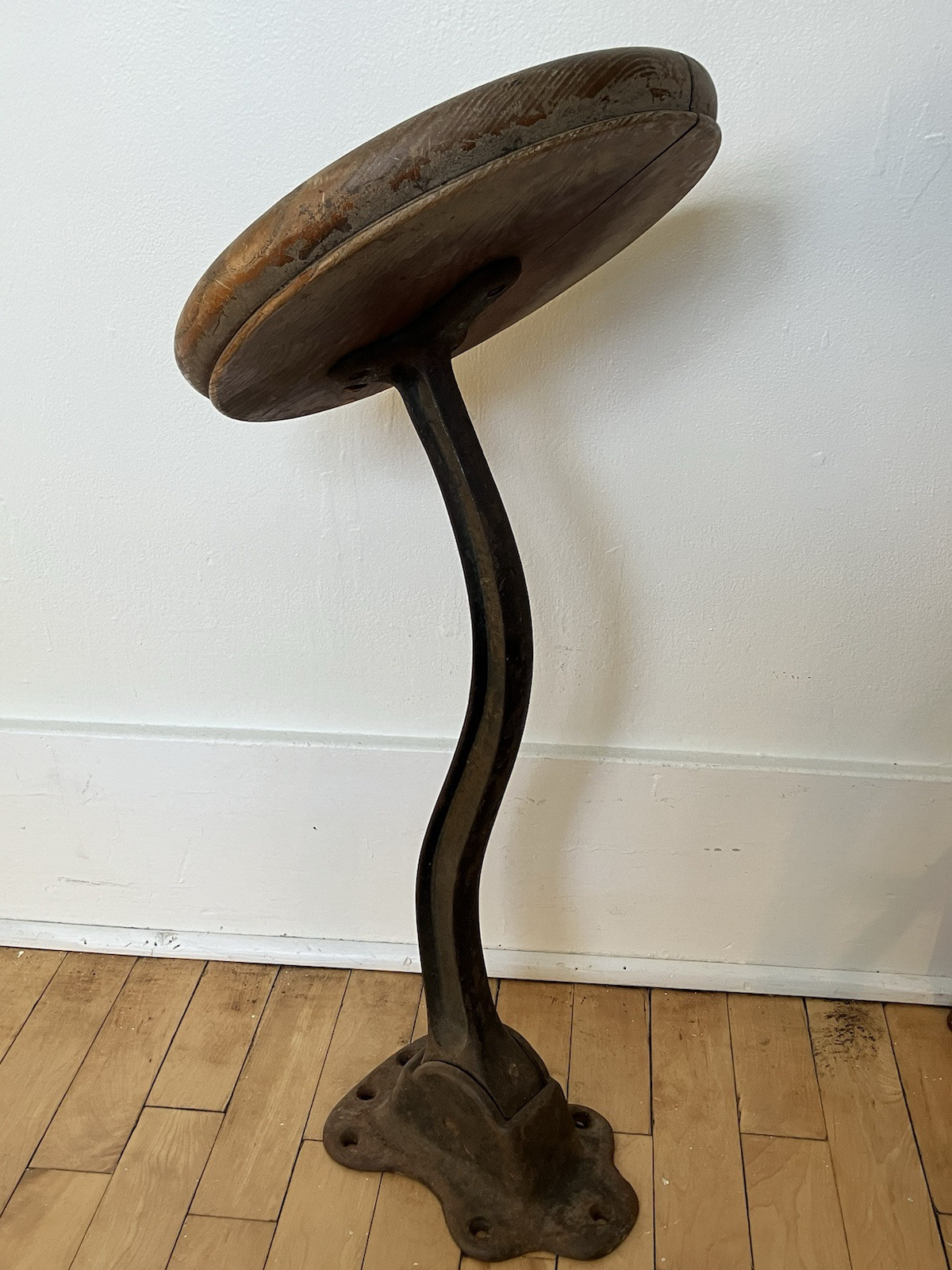 Antique Industrial Swing Stool Seat Trolley Phone Diner Bar RR Cast Iron Wood