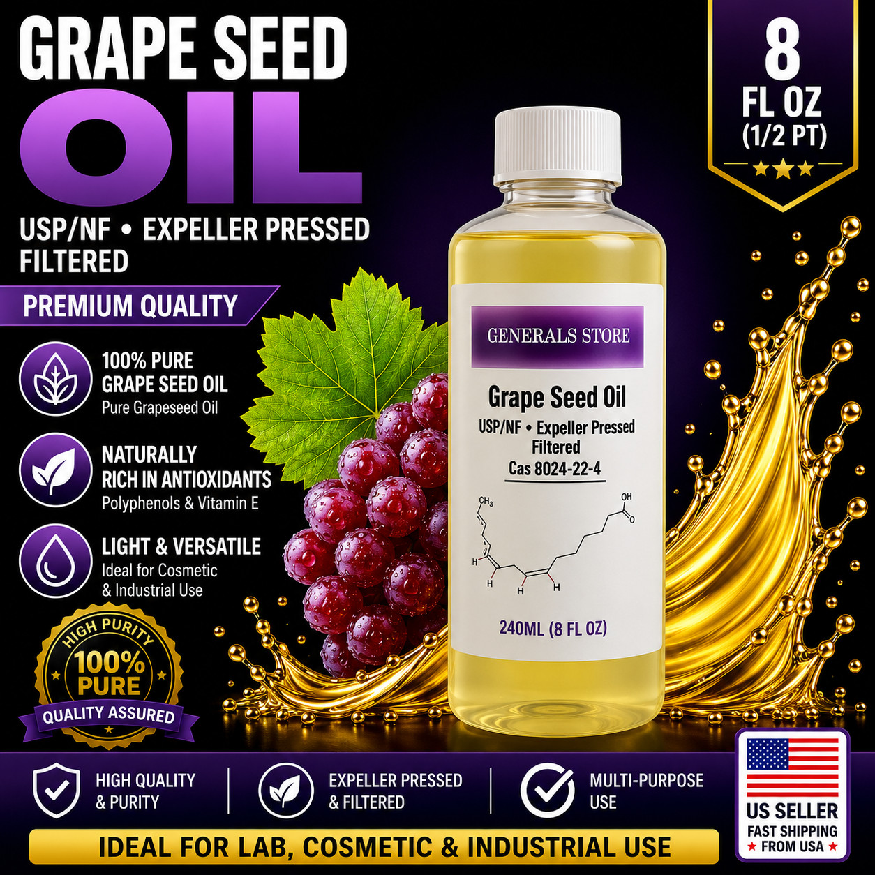 Grape Seed Oil NF/EP - USP RBDW Filtered, 8 oz
