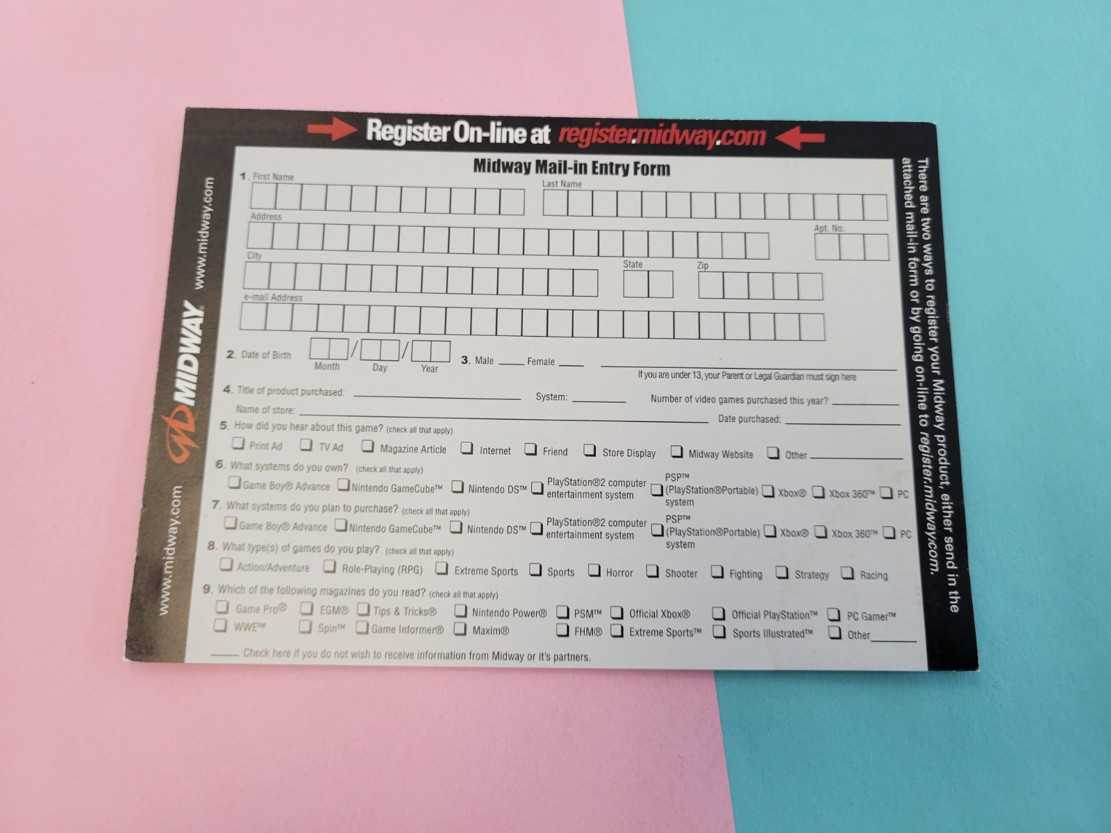 Midway Registration Mail In INSERT ONLY Authentic GameCube PlayStation 2 XBOX