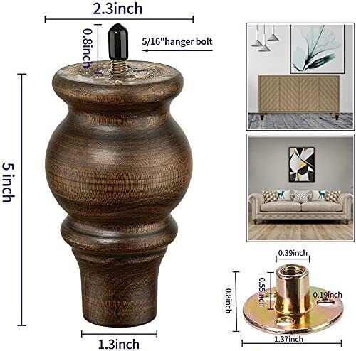 SHANJUE Wood Furniture Legs 5 inch Sofa Legs Set of 4 Round Brown Couch feet ...