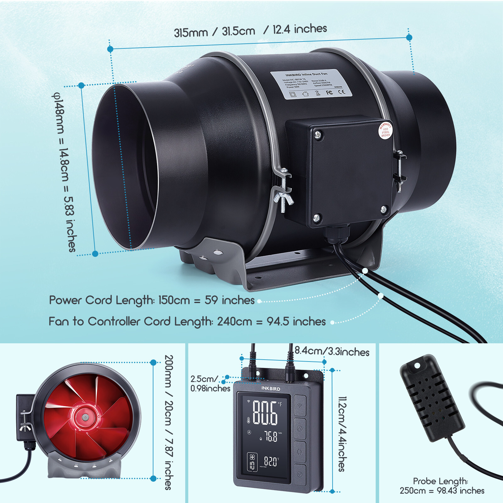 INKBIRD 6" Duct Fans Grow Tent Ventilation Exhaust Duct Fan Temperature Humidity