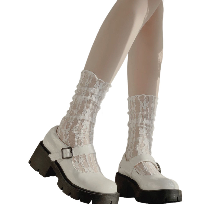 5 Pairs Women Lace Flower Mid Tube Calf Socks Stretchy Sheer Breathable Socks