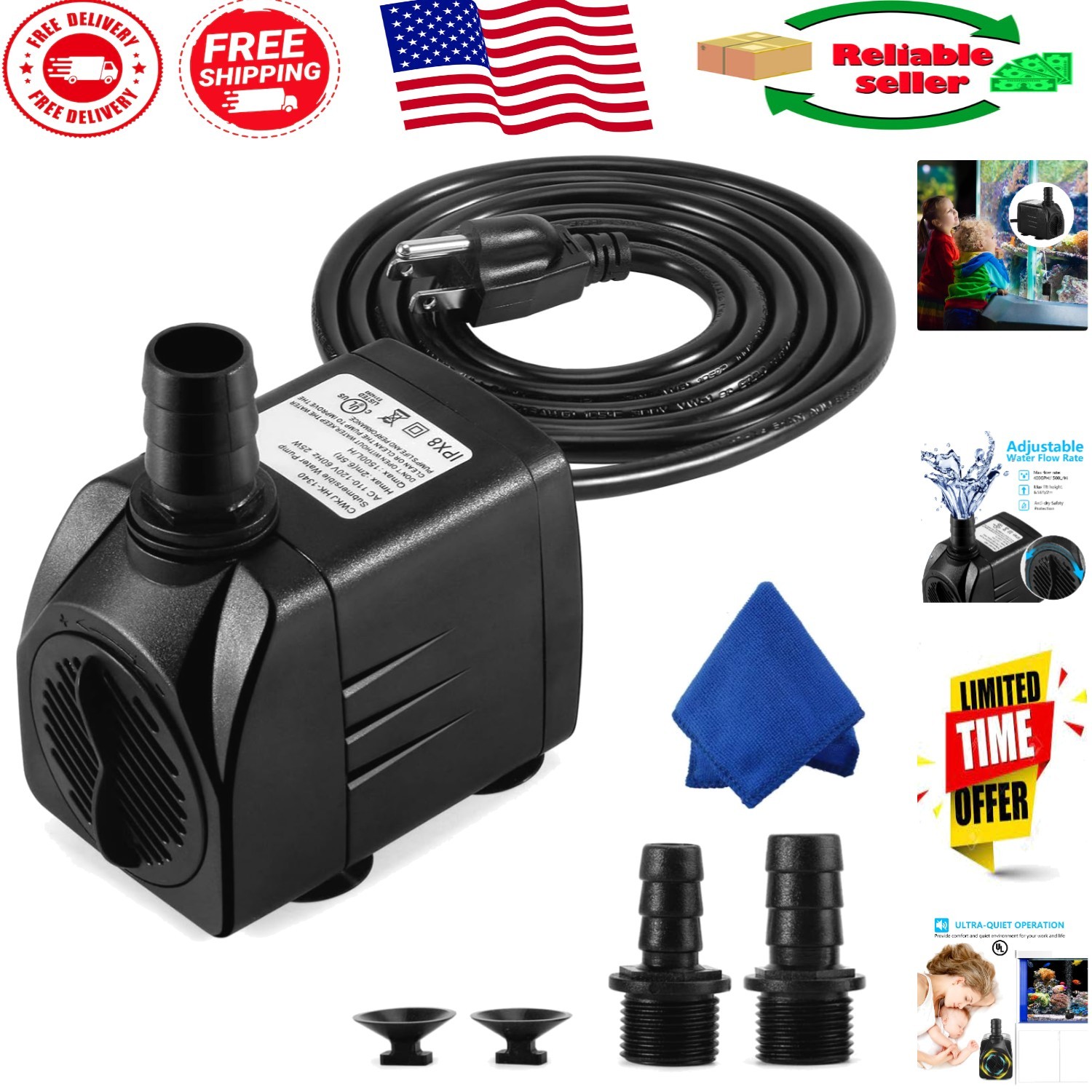 400GPH Submersible Fountain Pump - Quiet 25W Water Pump for Aquariums & Ponds