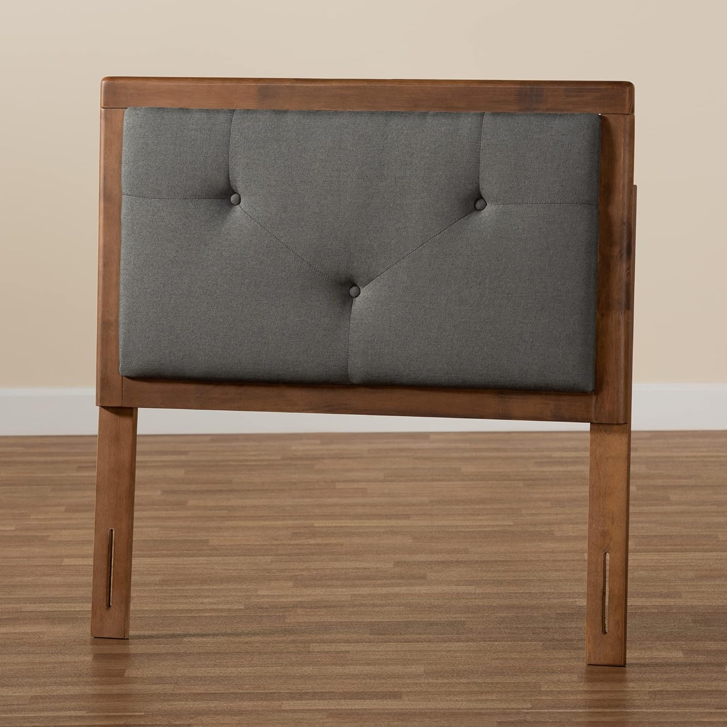 Modern Dark Grey Fabric Twin Headboard with Walnut Brown Finish