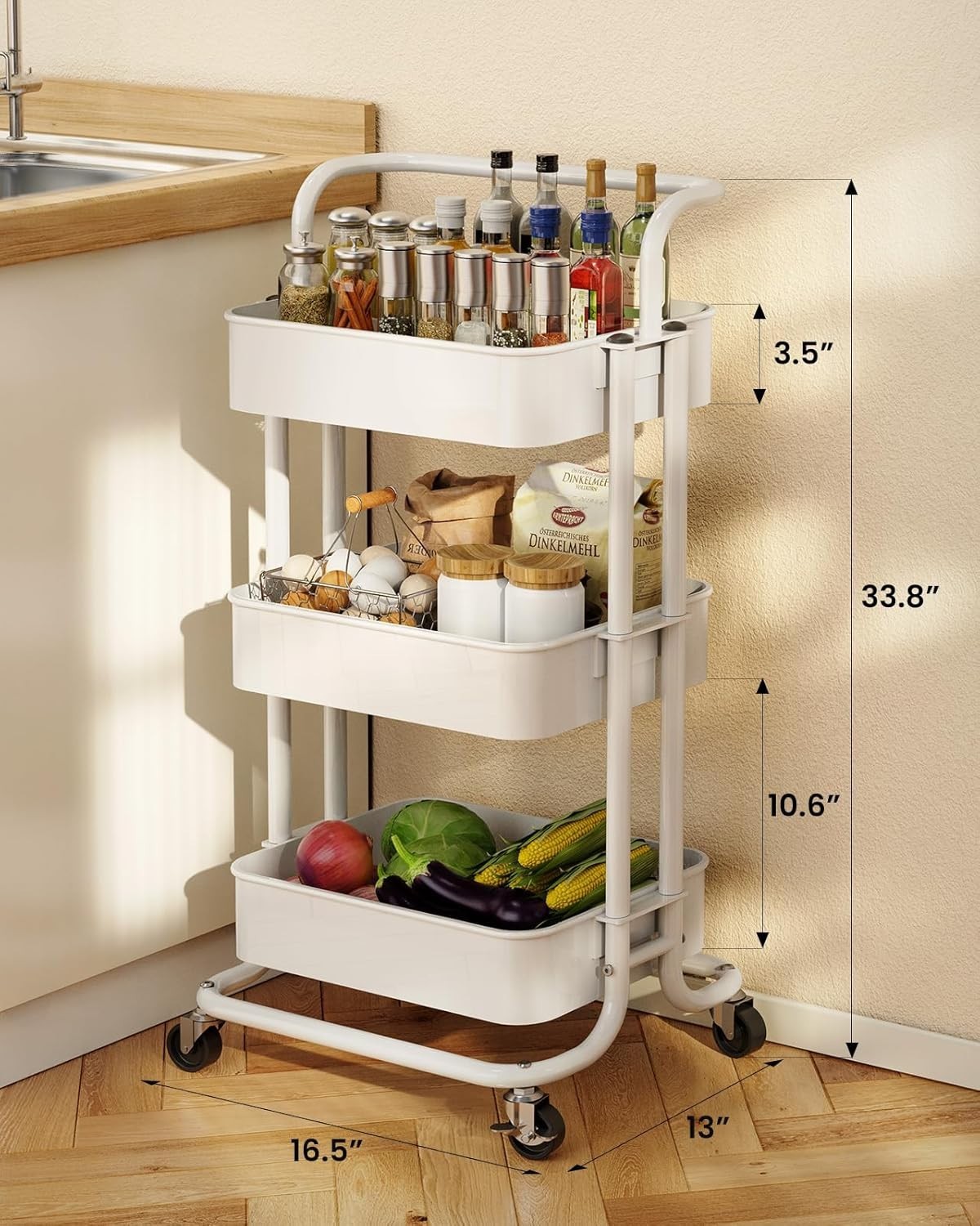 3 Tier Rolling Utility Cart with Lockable Wheels - Metal Organization Solution