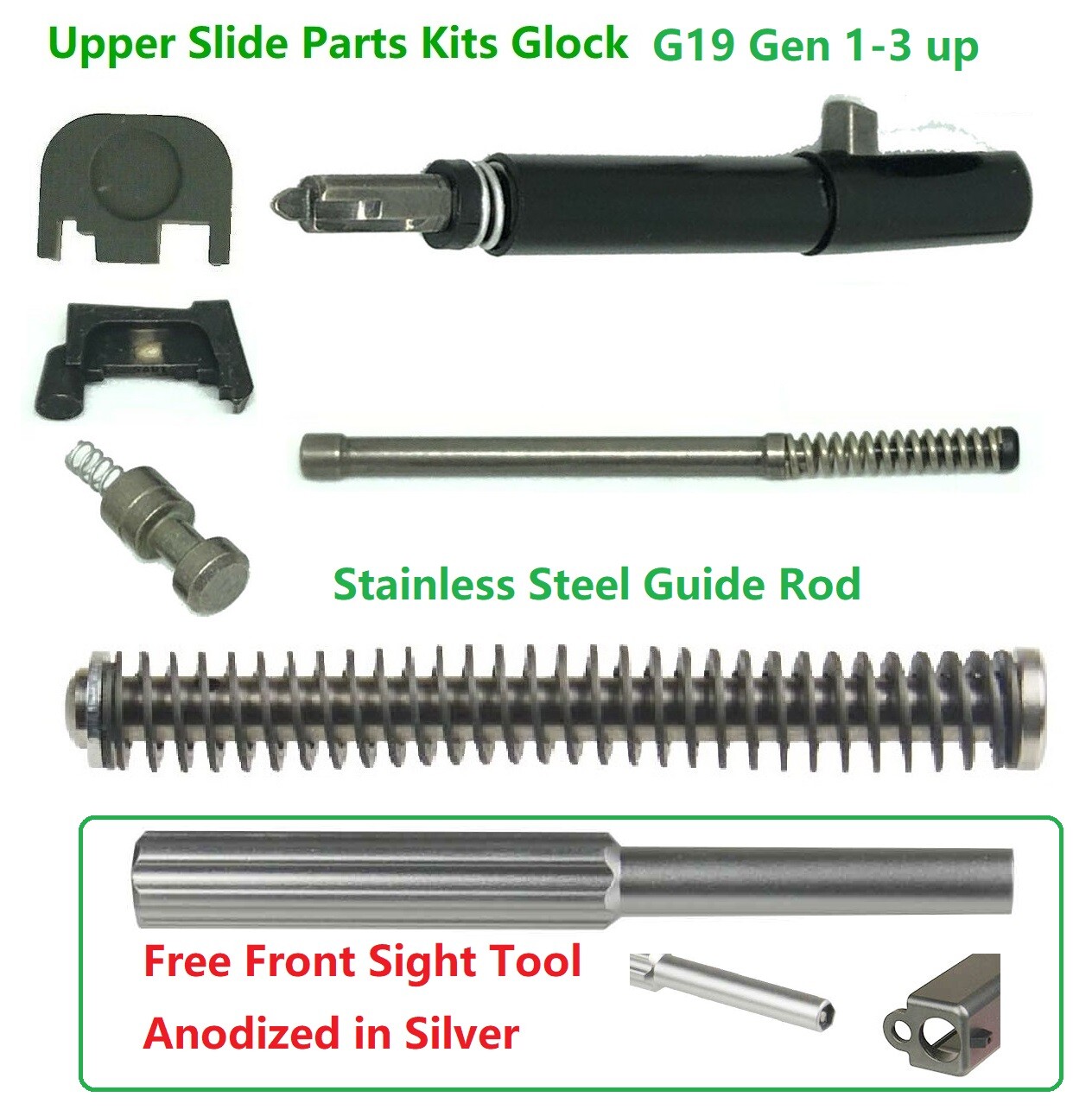 19 UPK Gen 1-3 Upper Slide Parts Kits W SS Guide Rod Fits Glock 19 23,Free Tool