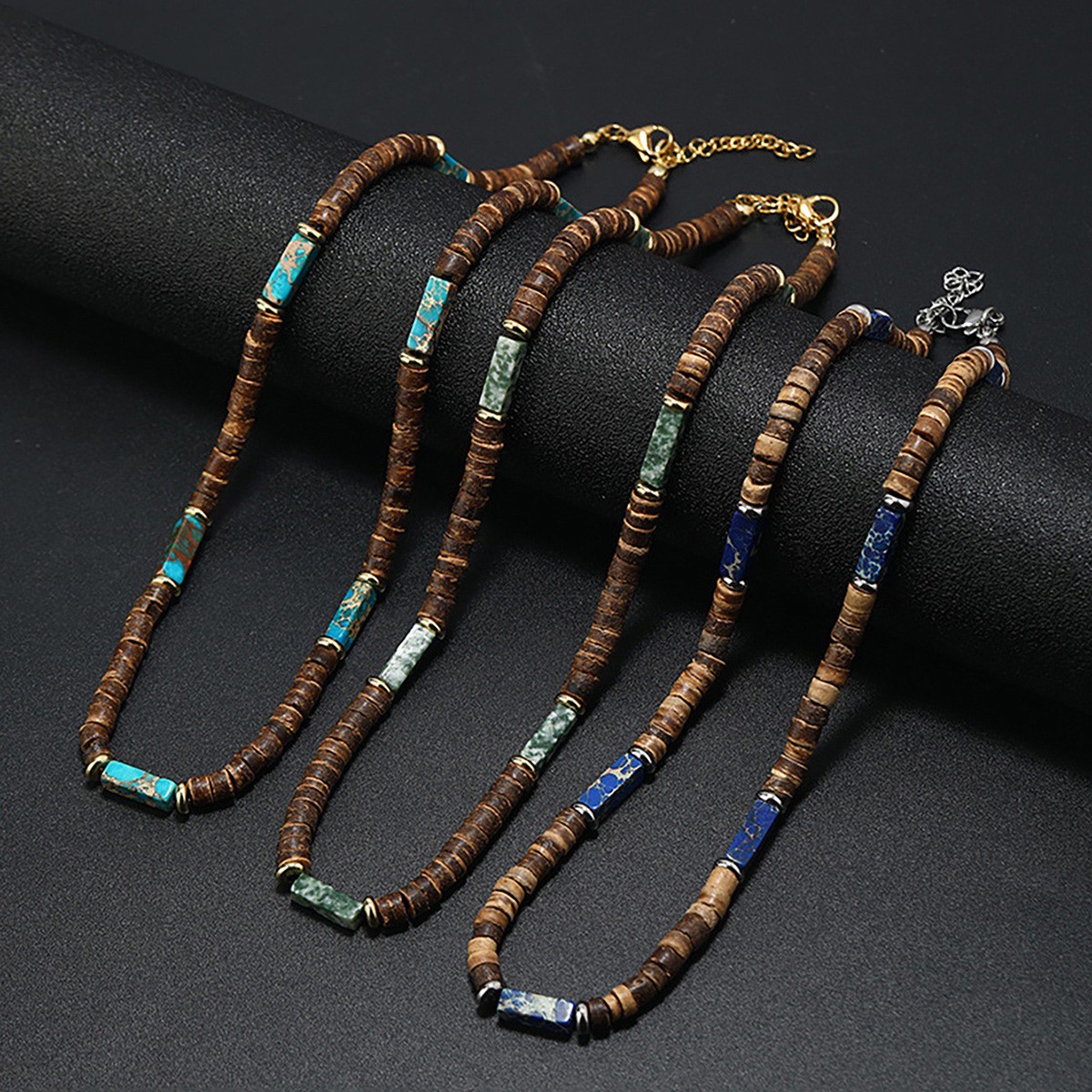 Mens Brown Coconut Shell Wood Bead Necklace Natural Stone Boho Surfer Jewelry