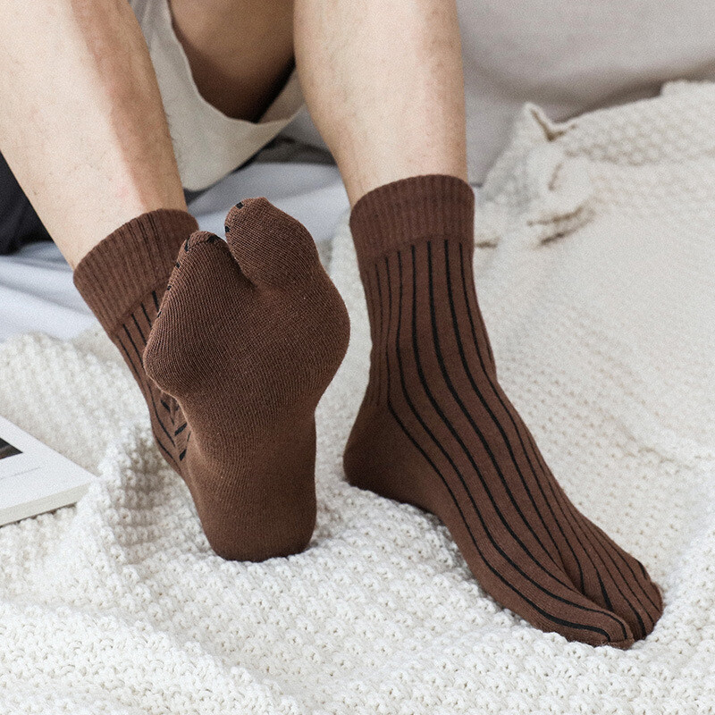 5 Pair Men's Split Two Toe Tabi Socks Japanese Style Striped Cotton Ninja Socks