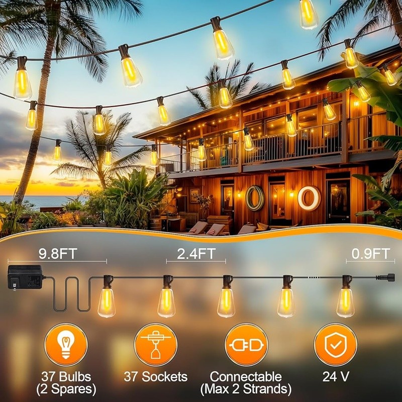 Dimmable Remote Control LED Outdoor String Lights 100FT Shatterproof Waterproof