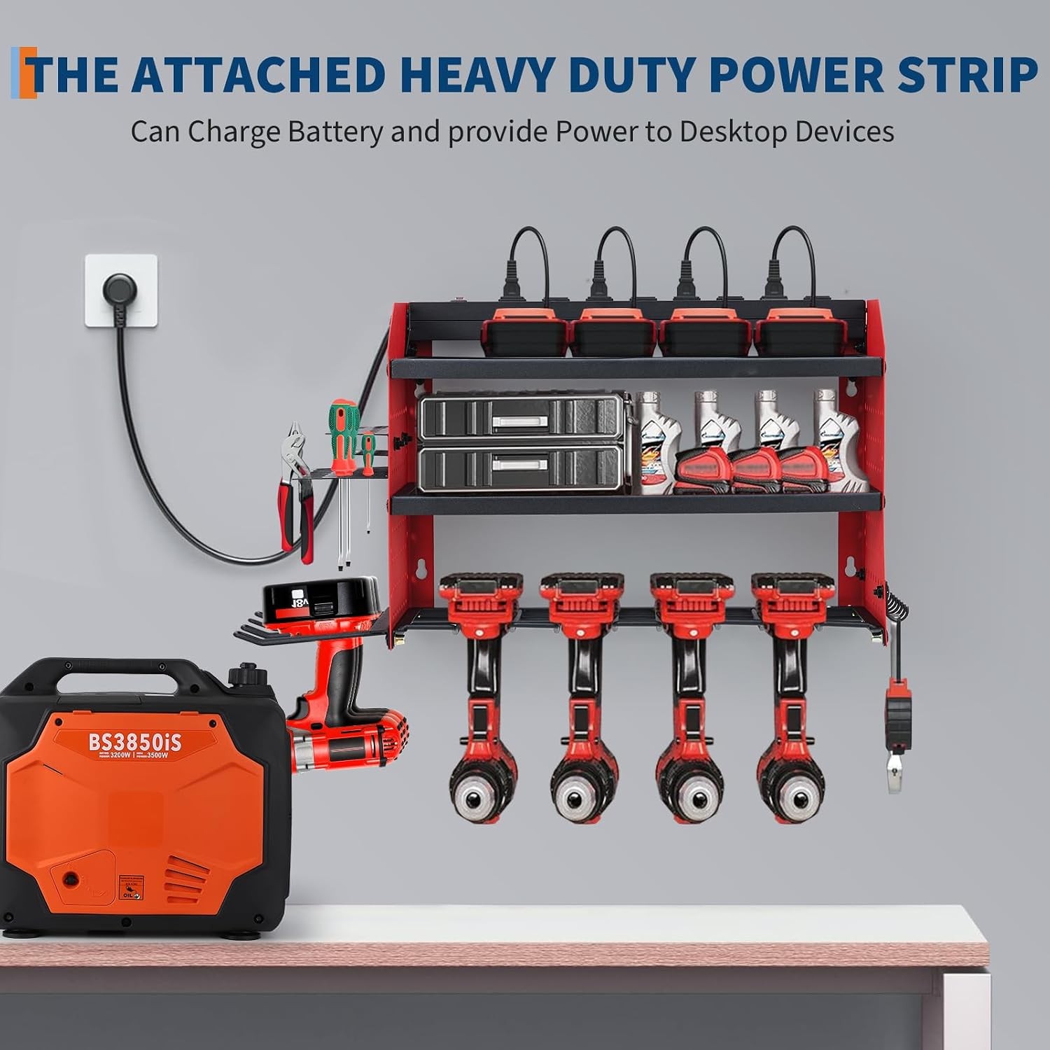 Power Tool Organizer Wall Mount 3-Layer Drill Storage Rack 4-Slot Drill Holders