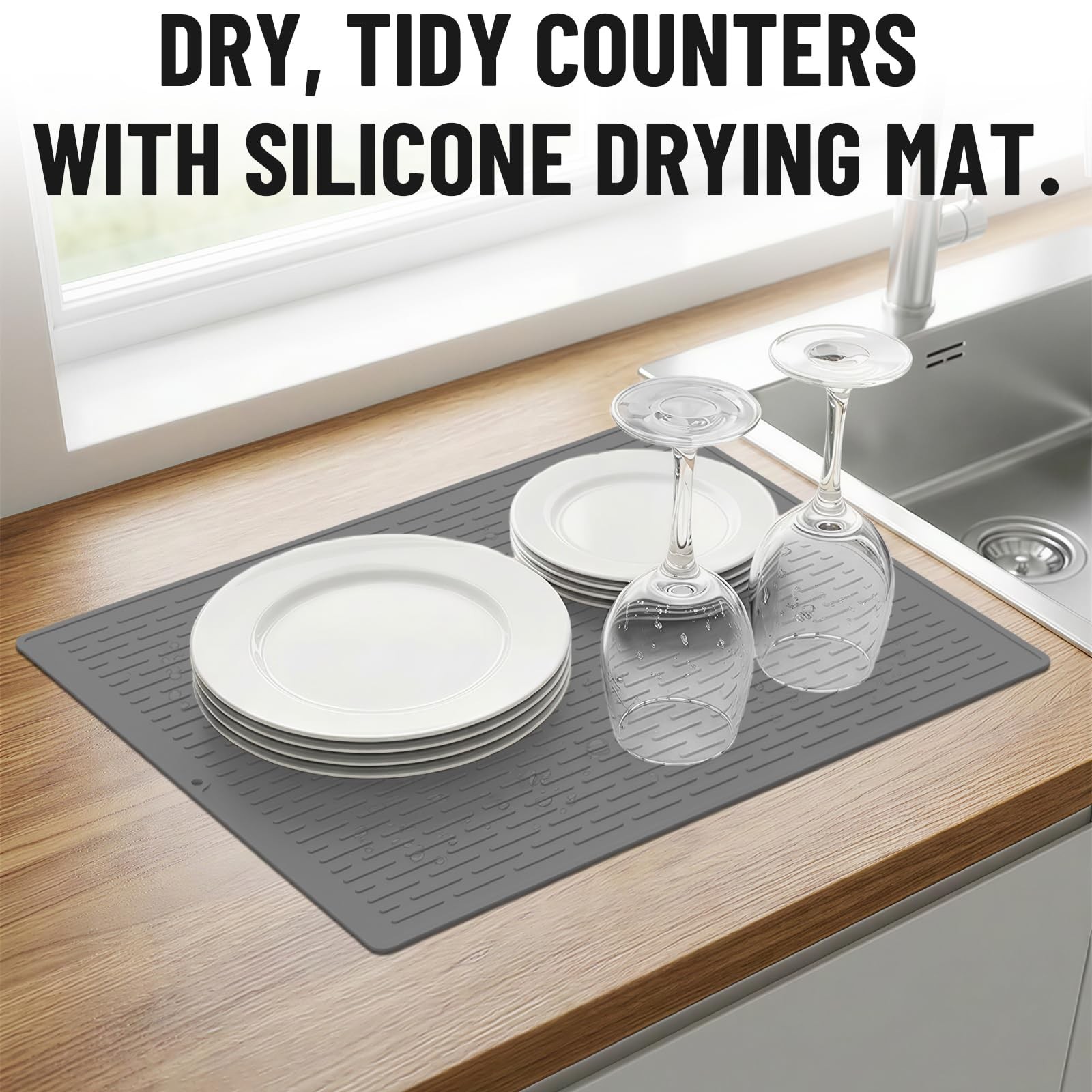 Silicone Dish Drying Mat Grey , 28x19.7 Inches Kitchen Drying Mat Oversized, ...