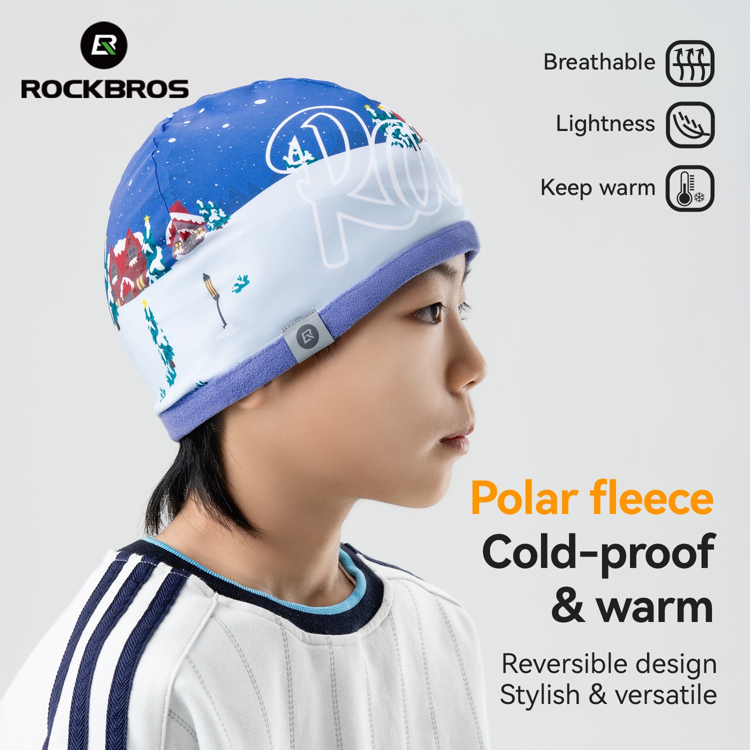 ROCKBROS Children's Reversible Winter Fleece Beanie Hat Warm Windproof Skull Cap