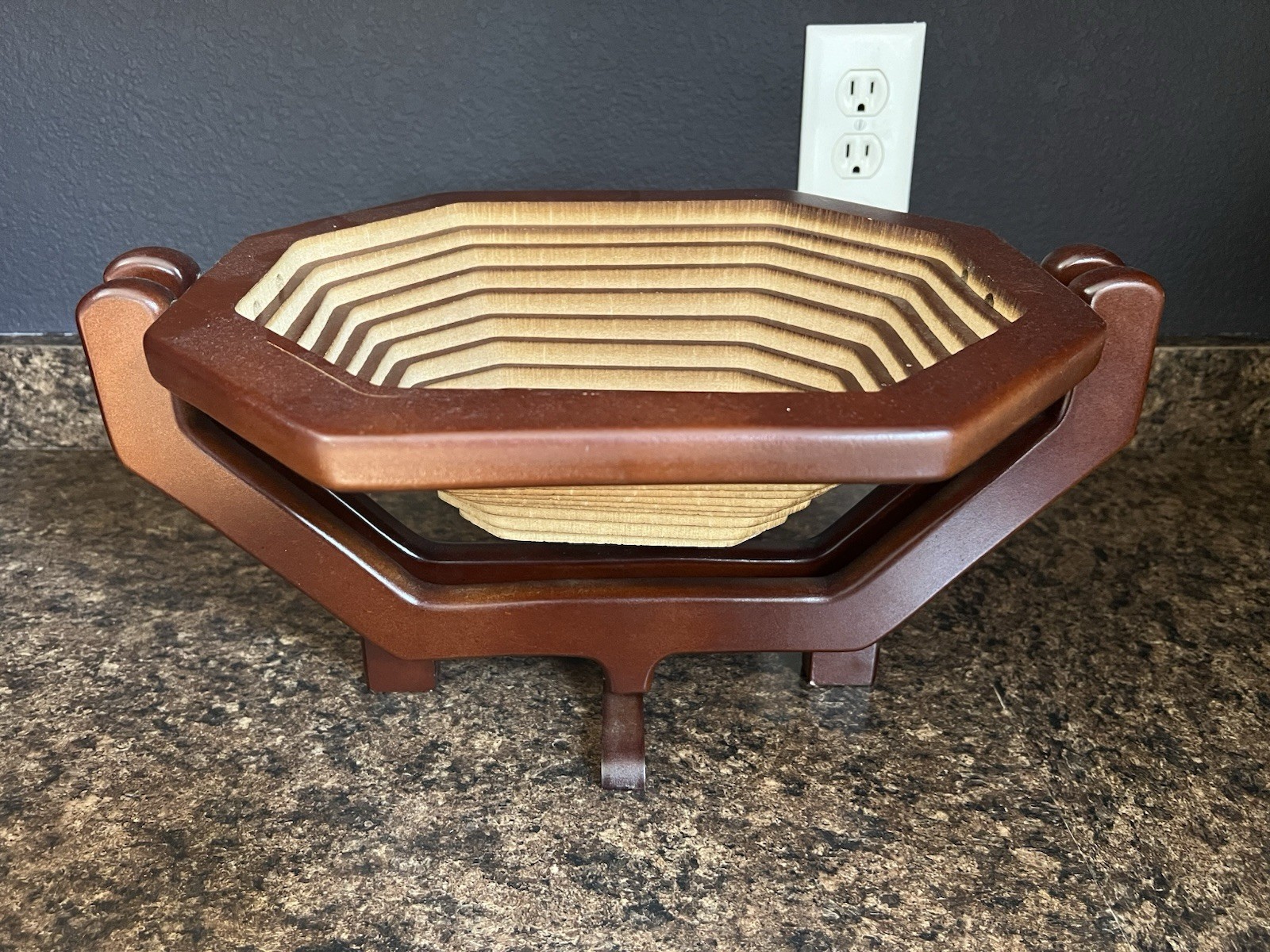 Wooden Mid Century Collapsible Spiral Bowl Basket