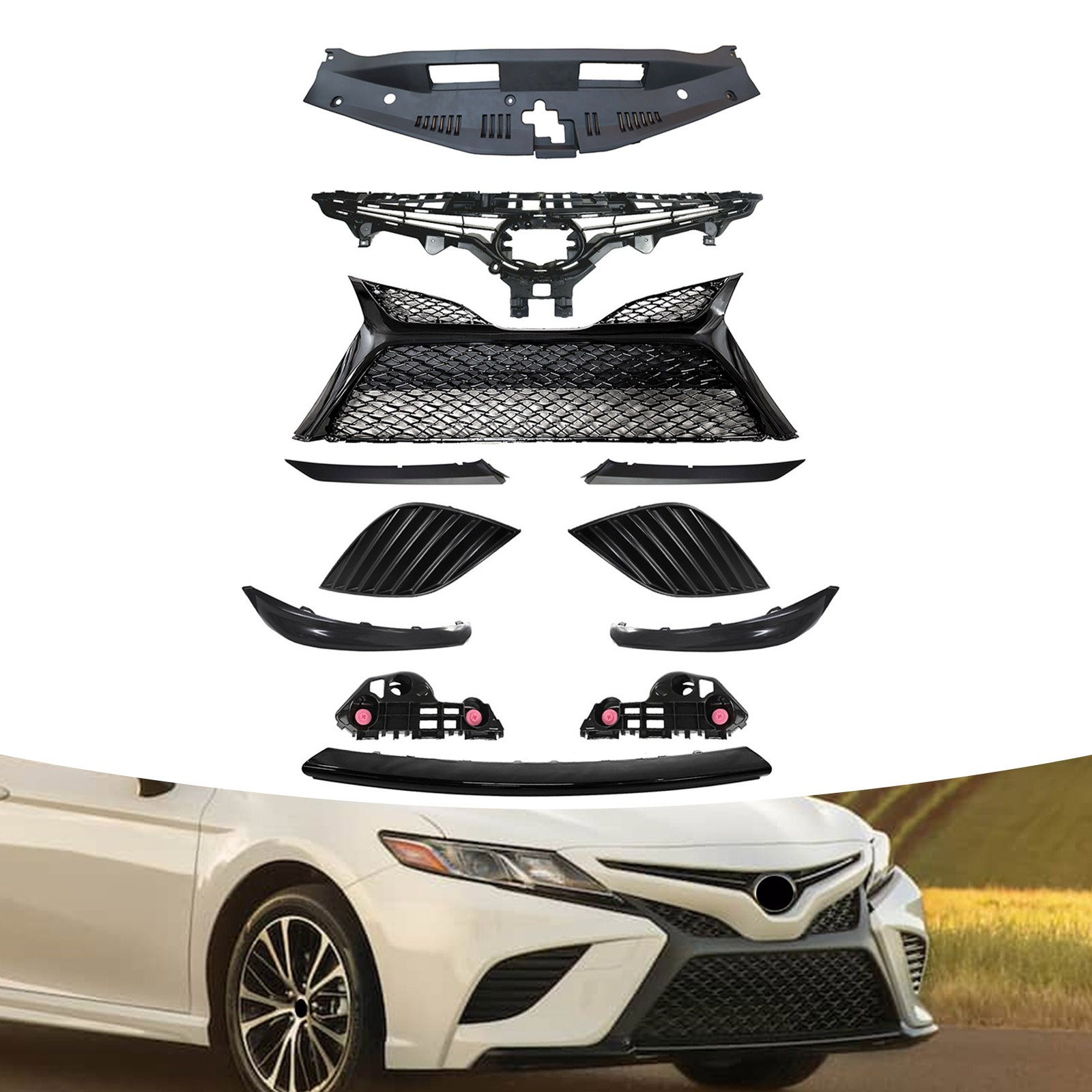 Fit 2018-2020 Camry SE Front Bumper Upper Lower Grille Mesh Molding Trim Cover