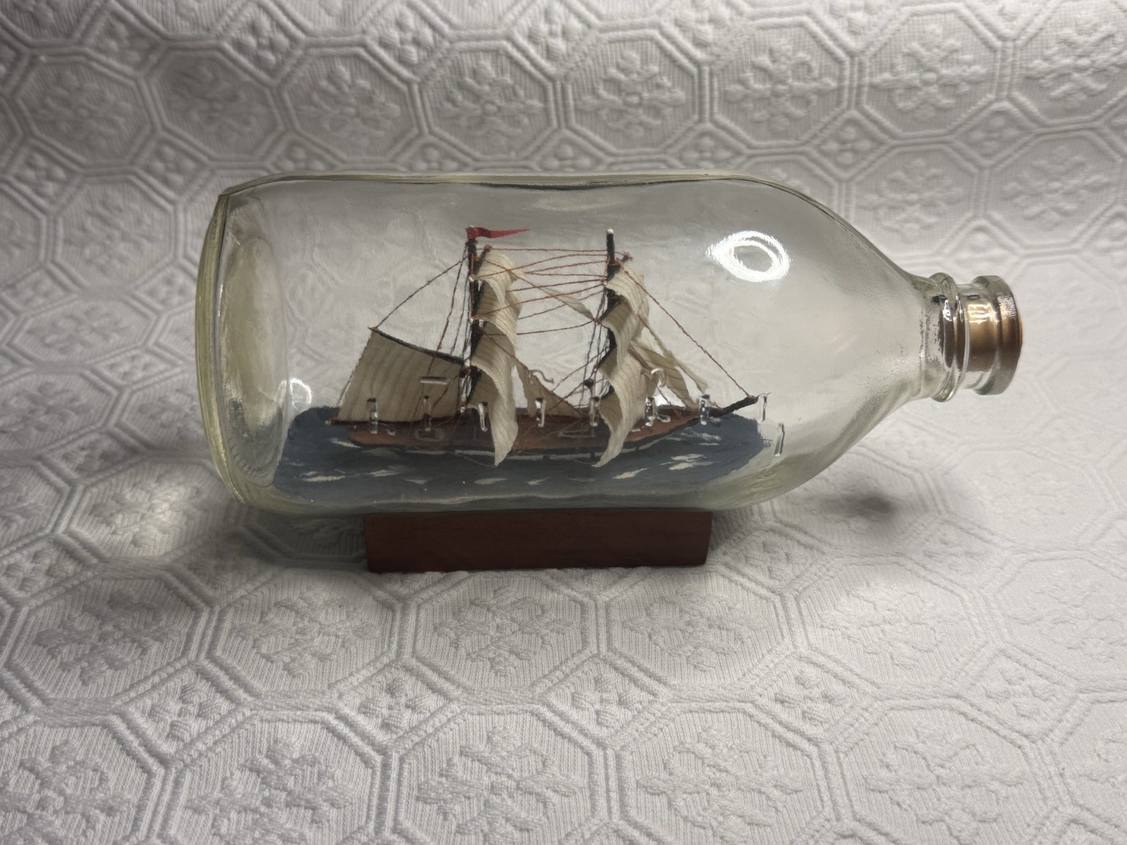 Ship At Sea In Bottle Vintage Original Miniature Art Handmade 7  inches Red Flag
