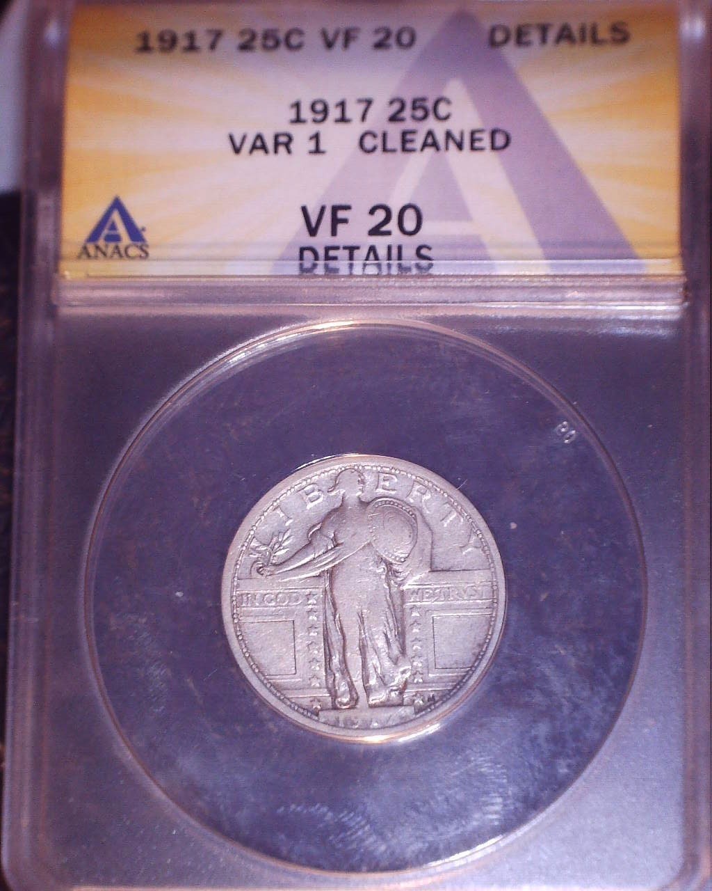 1917  Standing Liberty Quarter, ANACS VF20 Cleaned,  Tougher Date