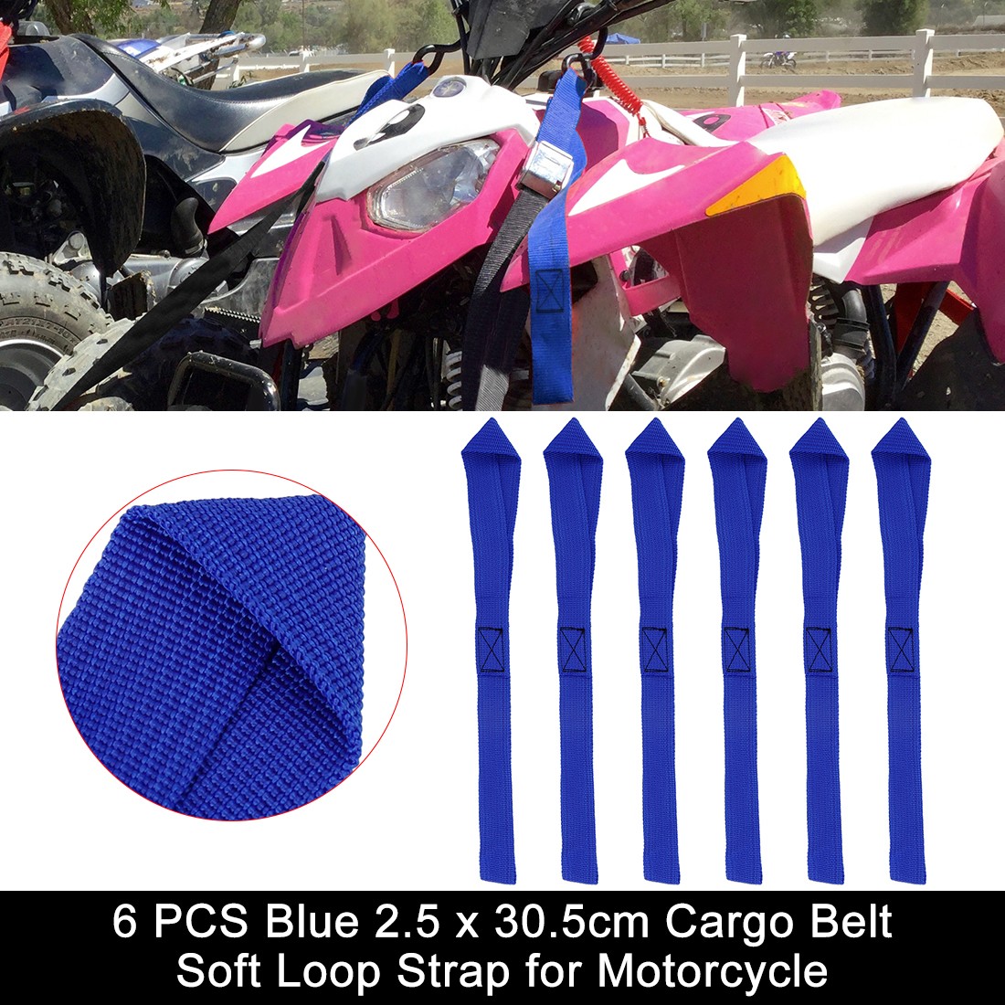 6 PCS Blue 2.5 x 30.5cm Cargo Belt Soft Loop Strap for Car Motorcycle 1500lbs