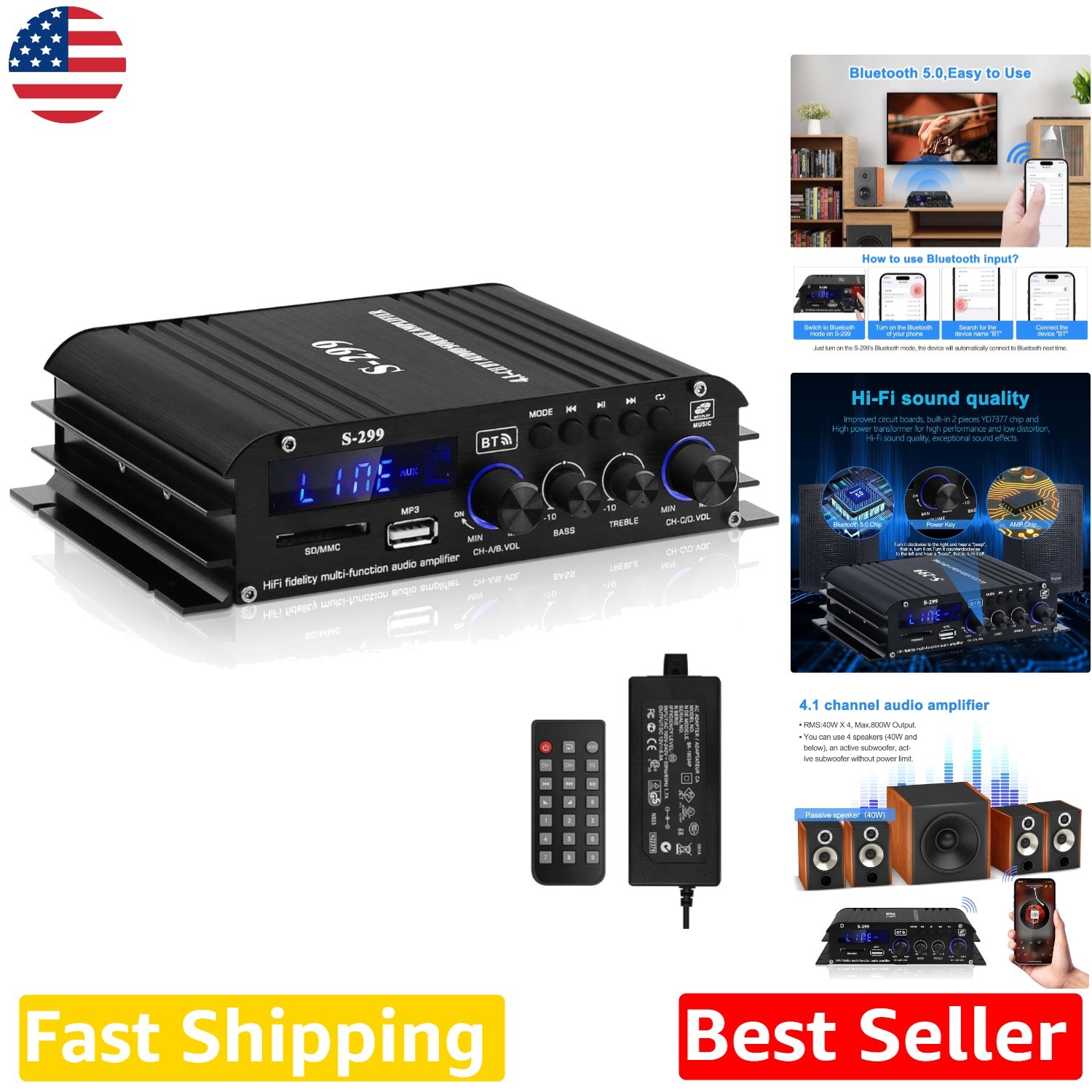 Compact 4.1 Channel Amplifier HiFi Bluetooth 5.0 40W RMS Home Speaker Subwoofer