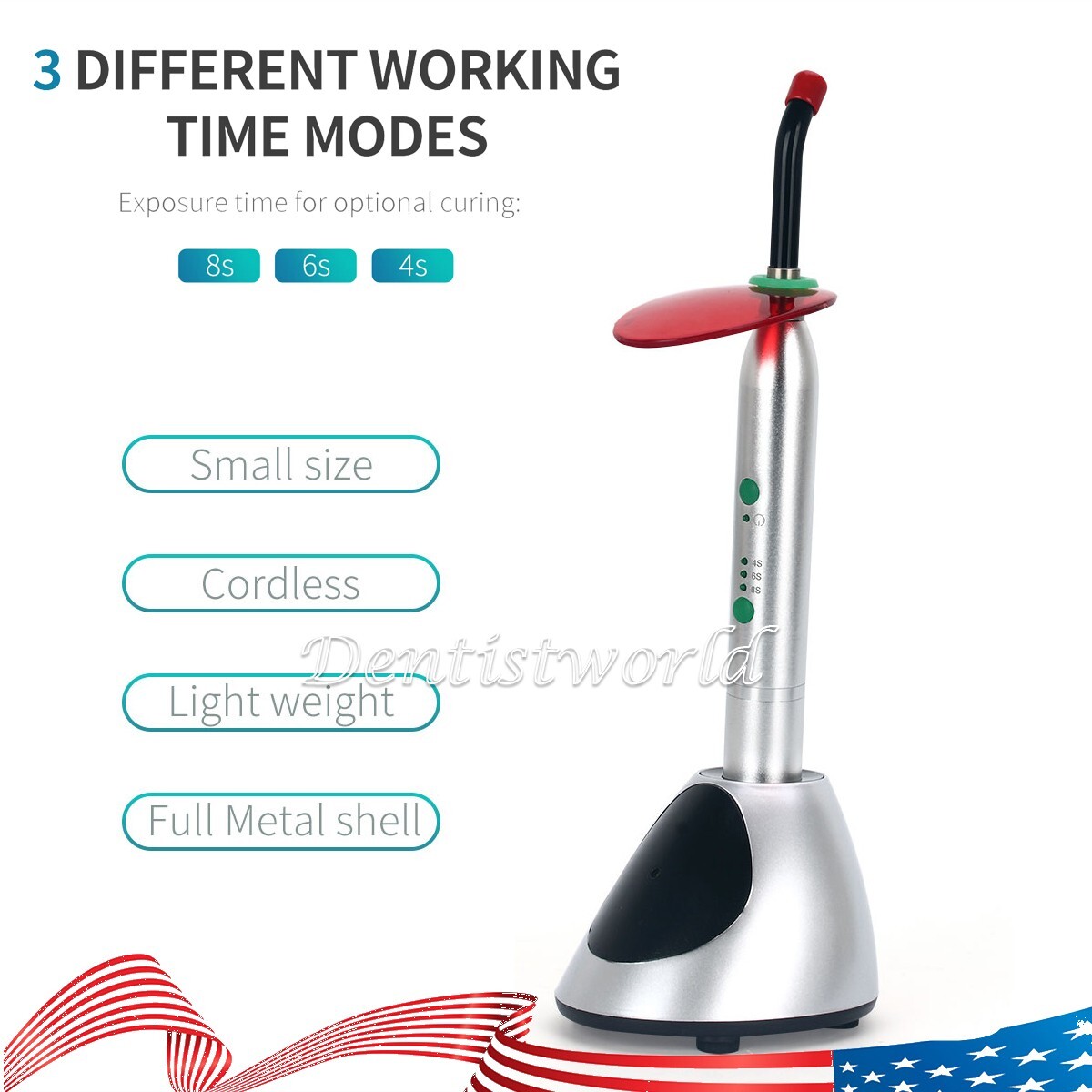 Dental LED Curing Light Cordless 1 Second Cure Light Lamp Metal Head 3Modes