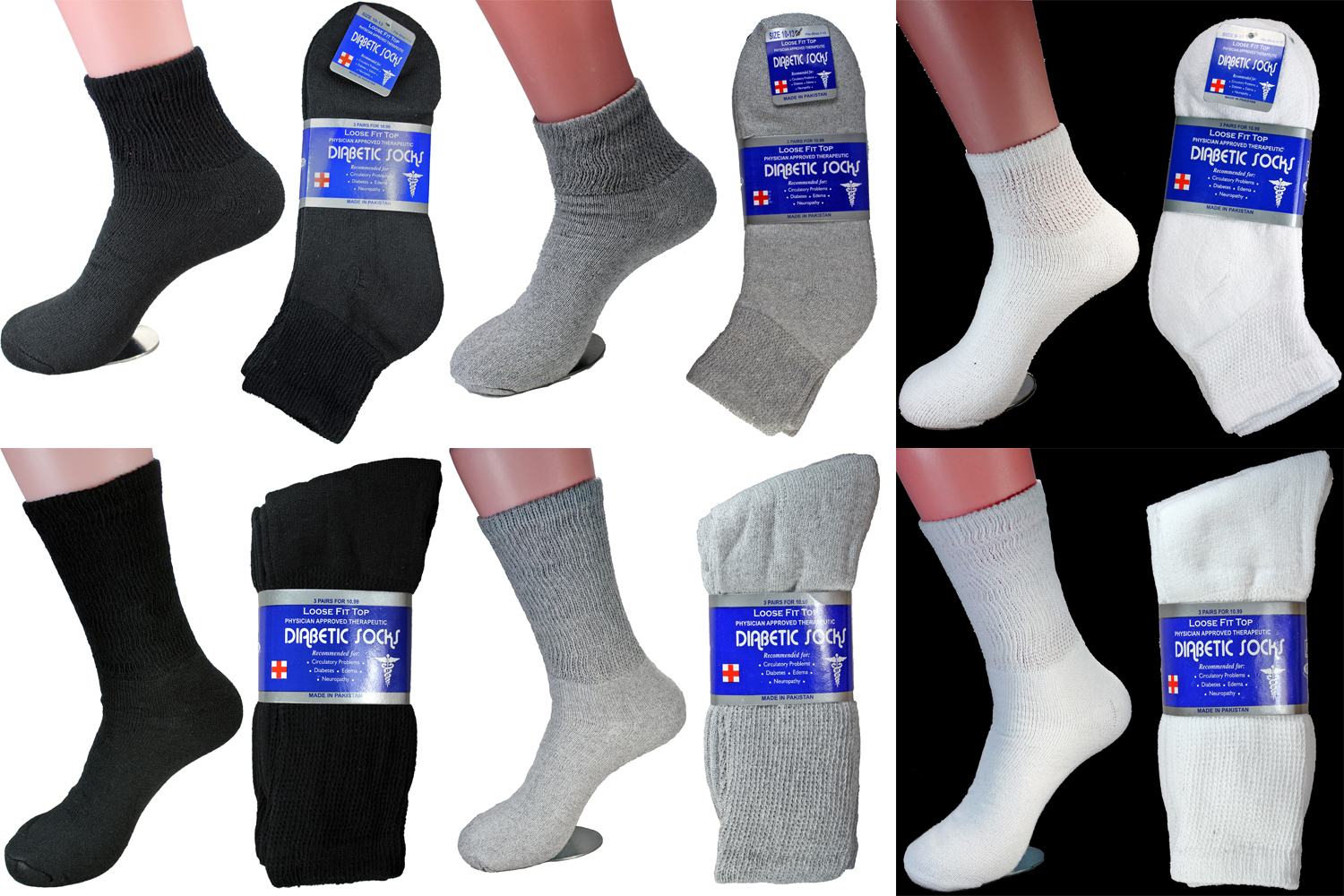 3,6 or 12 Pairs Diabetic Ankle/Crew Circulatory Socks Health Mens Womens Cotton