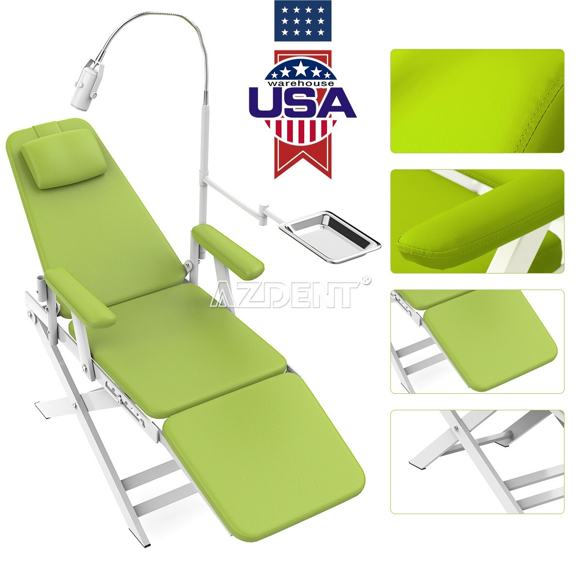 Green Portable Dental Folding Chair PU Leather Rechargeable LED Light 110V