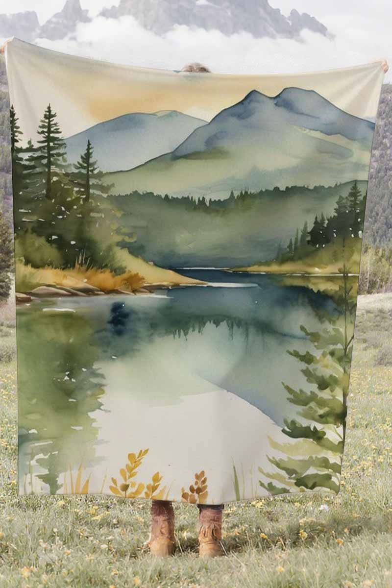 Watercolor Mountain Lake Forest Coral Fleece Cozy Throw Blanket Rustic Stunning